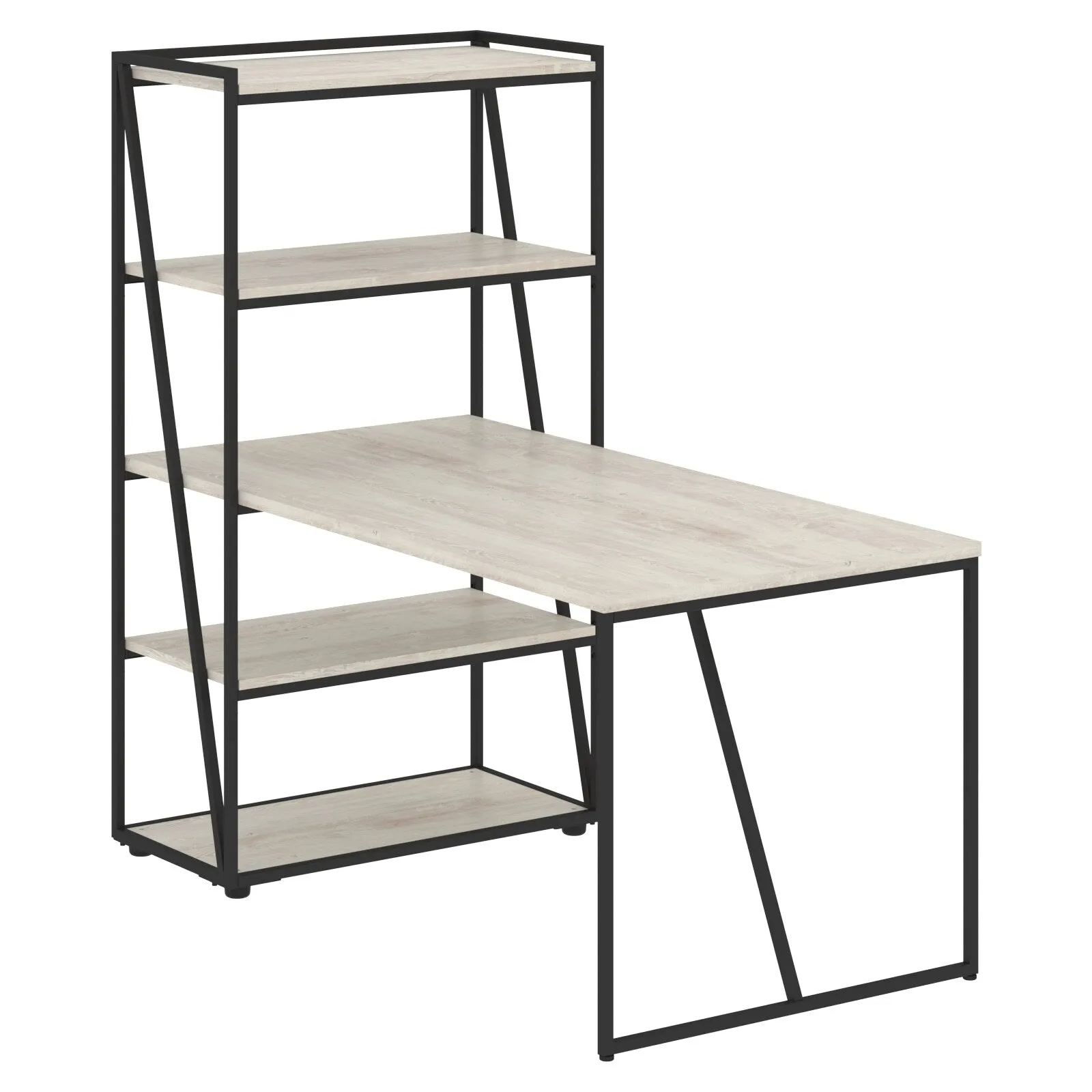 FULL HEIGHT WOODEN OPEN SHELVES WITH METAL FRAMES ATTACHED WITH WOODEN RECTANGULAR SHAPE EXTENSION DESK WITH METAL LEGS, MADE IN E1 LAMINATE CHIPBOARD