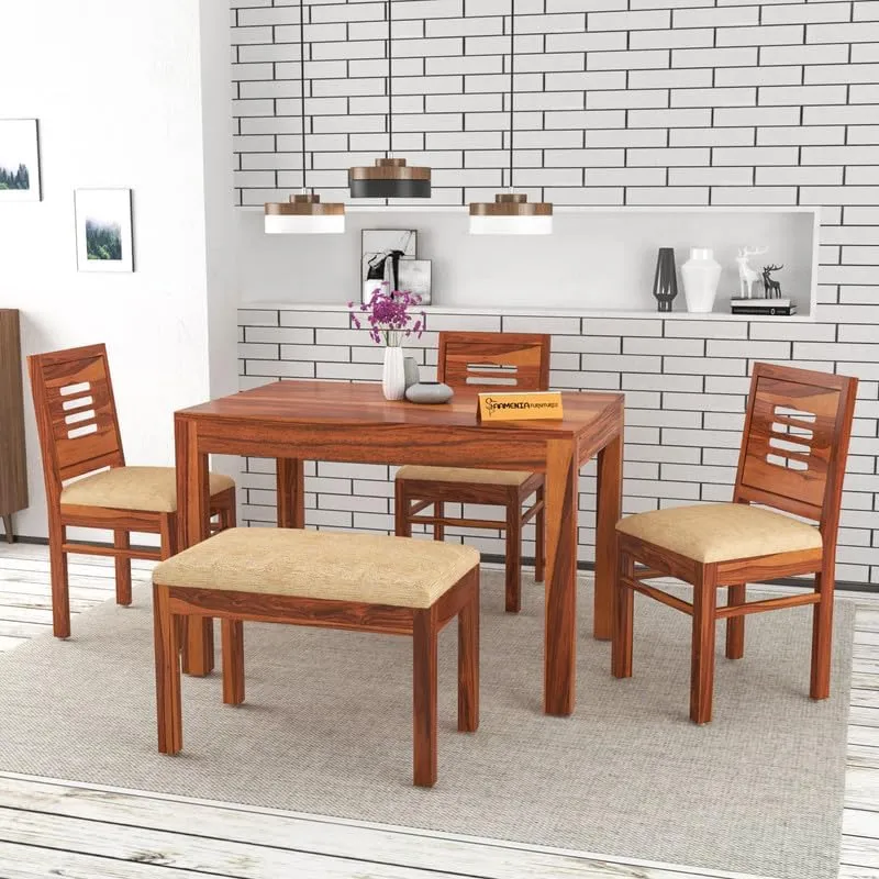 FURNESHO Solid Sheesham Wood Dining Room Sets 4 Seater Dining Table with 3 Chairs & 1 Bench for Dining Room, Living Room, Kitchen, Hotel, Restaurant, Cafeteria (Standard, Honey Finish) (Honey Finish)