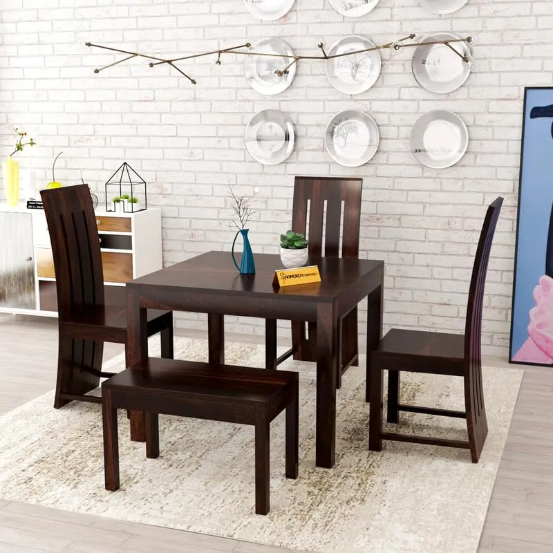 FURNESHO Solid Sheesham Wood Dining Room Sets 4 Seater Dining Table with 3 Chairs & 1 Bench for Dining Room, Living Room, Kitchen, Hotel, Restaurant, Cafeteria (Standard, Walnut Finish)