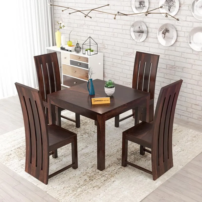 FURNESHO Solid Sheesham Wood Dining Room Sets 4 Seater Dining Table with 4 Chairs for Dining Room, Living Room, Kitchen, Hotel, Restaurant, Cafeteria (Standard, Walnut Finish)