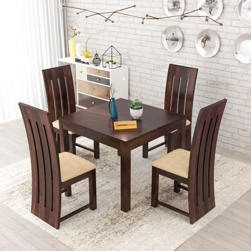 FURNESHO Solid Sheesham Wood Dining Room Sets 4 Seater Dining Table with 4 Cushions Chairs for Dining Room, Living Room, Kitchen, Hotel, Restaurant, Cafeteria (Standard, Walnut Finish)