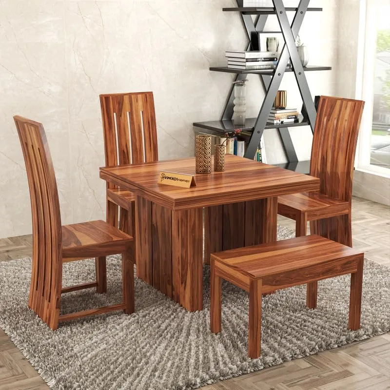 FURNESHO Solid Sheesham Wood Dining Room Sets 4 Seater Poester Dining Table with 3 Chairs & 1 Bench for Dining Room, Living Room, Restaurant, Cafeteria (Standard, Honey Finish)