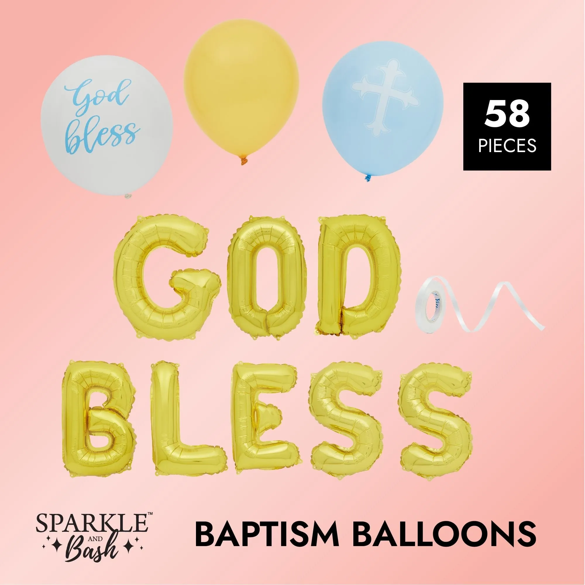 God Bless Banner Balloons for Boys Baptism Decorations, First Communion (12-16 In, 58 Piece Set)