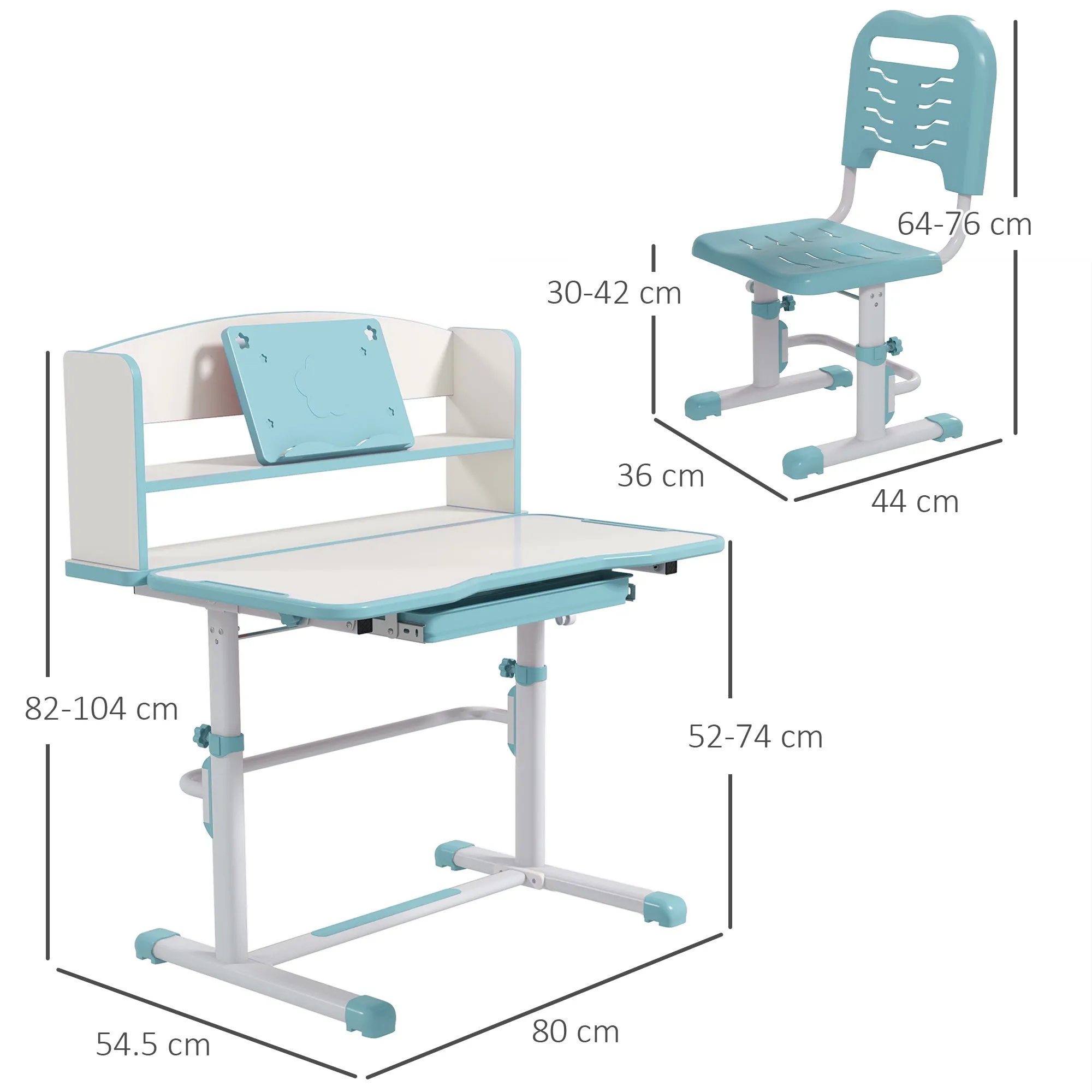 Height Adjustable Kids Desk and Chair Set, with Drawer, Bookshelf, Blue