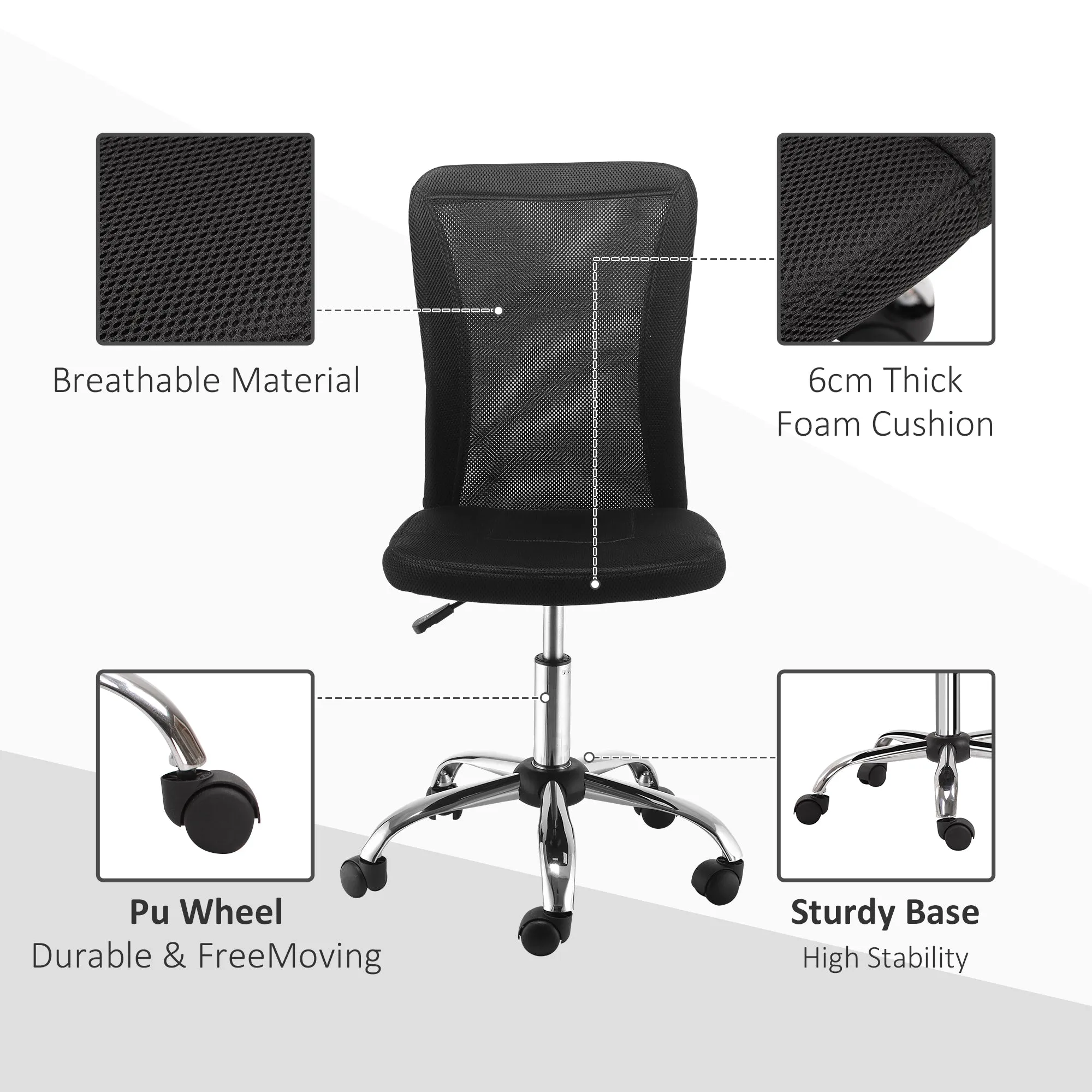 Home Office Mesh Task Chair Ergonomic Armless Mid Back Height Adjustable with Swivel Wheels, Black