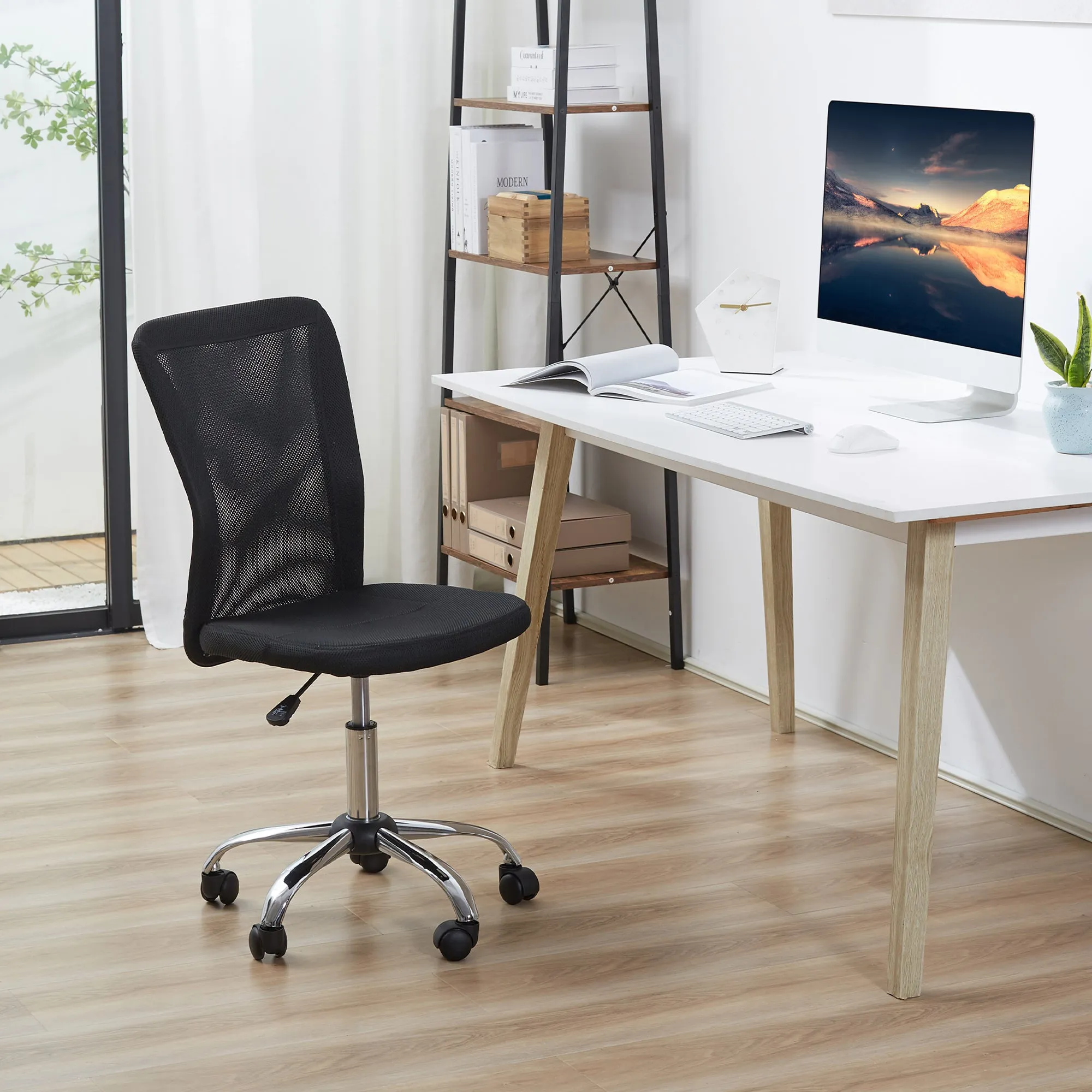 Home Office Mesh Task Chair Ergonomic Armless Mid Back Height Adjustable with Swivel Wheels, Black