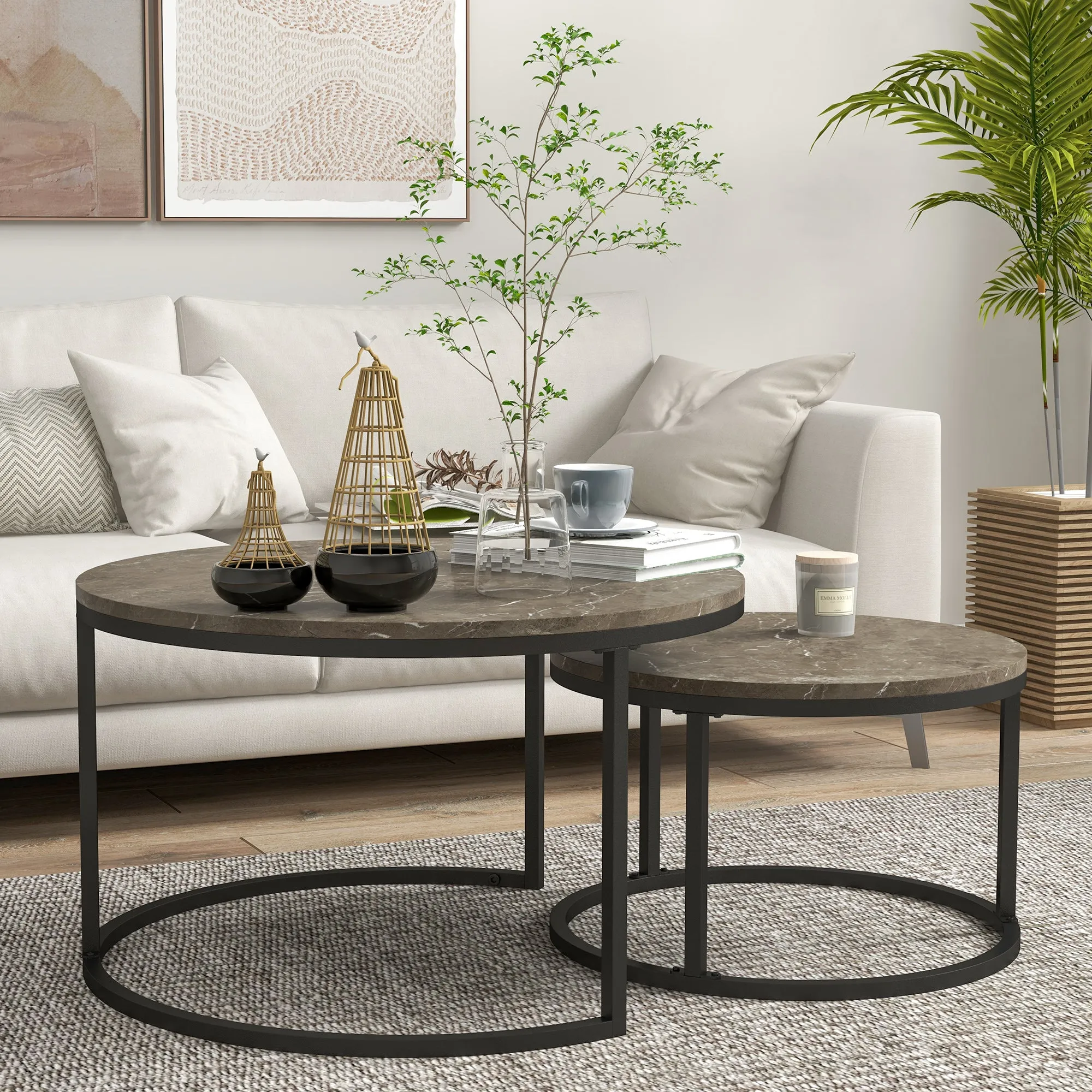 Industrial Nesting Coffee Table Set of 2, Round Coffee Tables, Living Room Table with Faux Marbled Top and Steel Frame