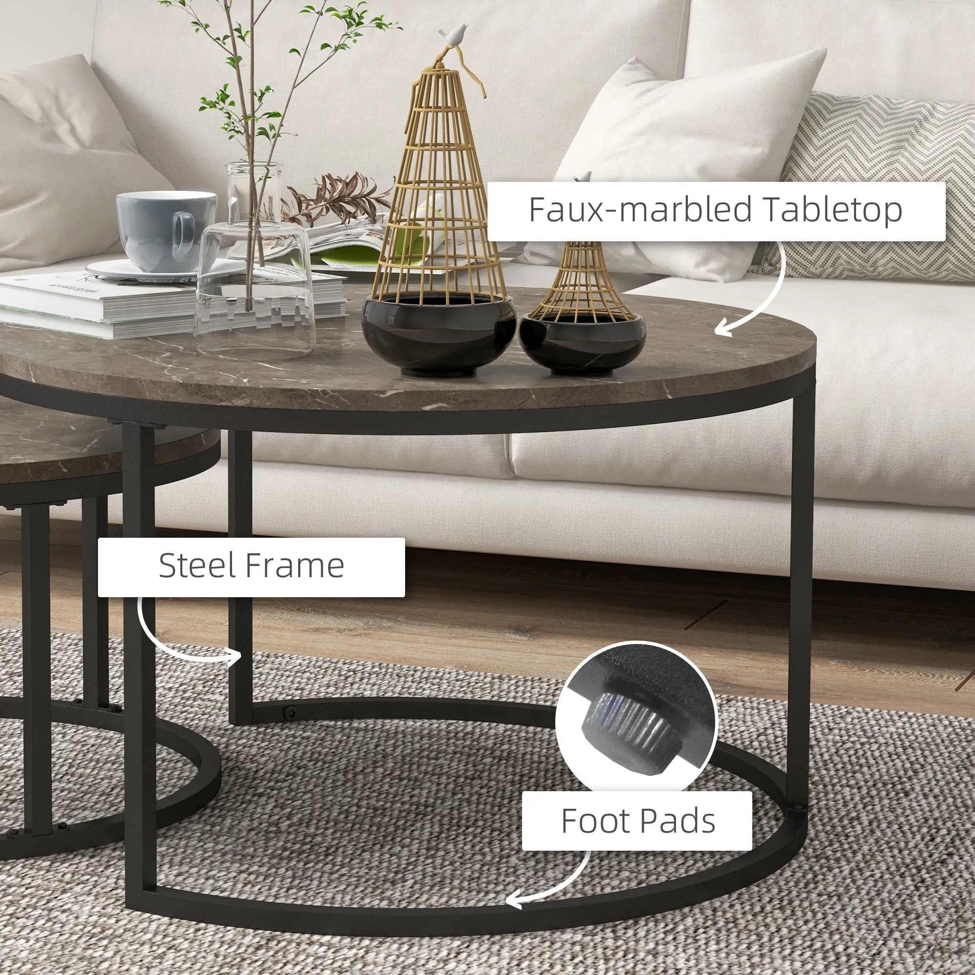 Industrial Nesting Coffee Table Set of 2, Round Coffee Tables, Living Room Table with Faux Marbled Top and Steel Frame