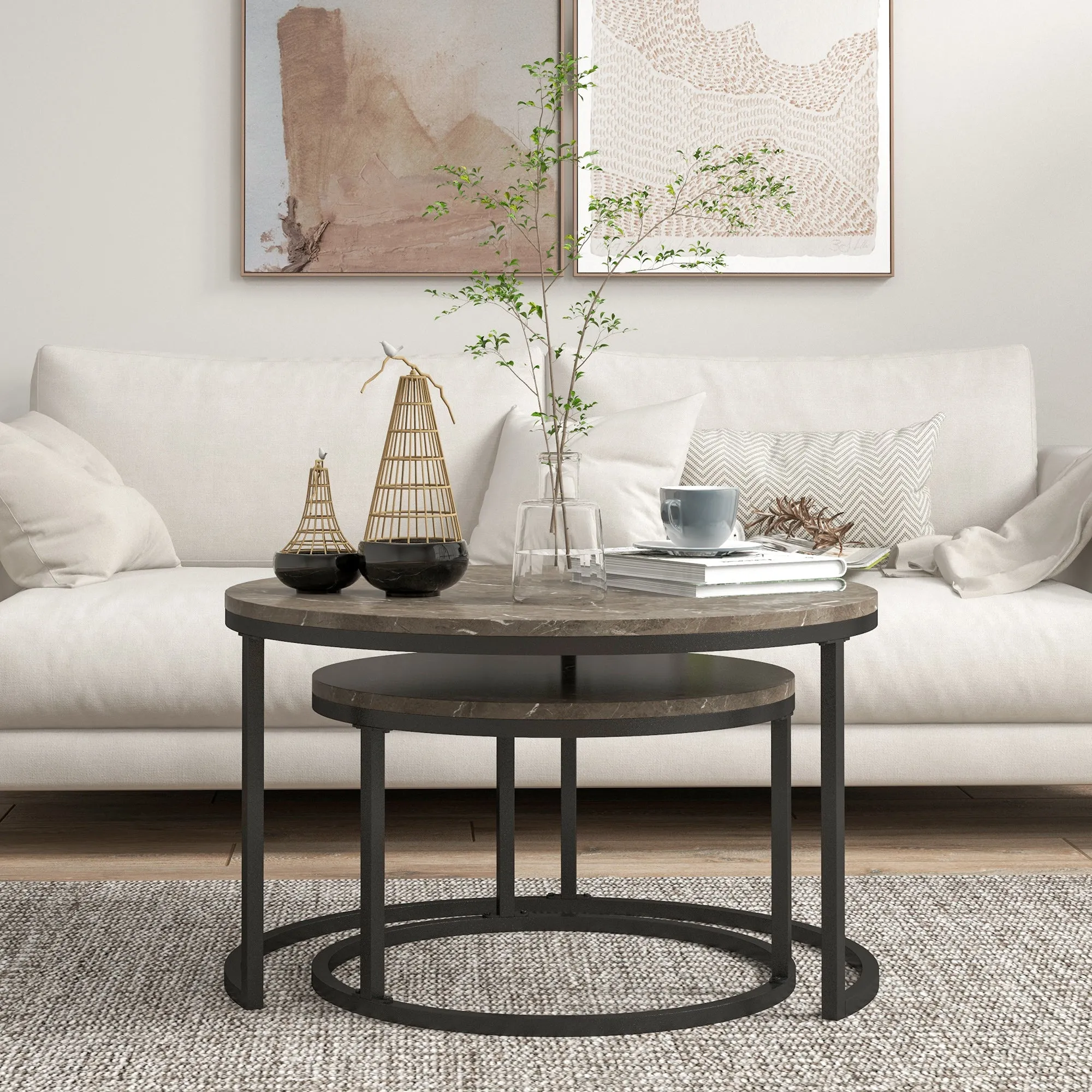 Industrial Nesting Coffee Table Set of 2, Round Coffee Tables, Living Room Table with Faux Marbled Top and Steel Frame