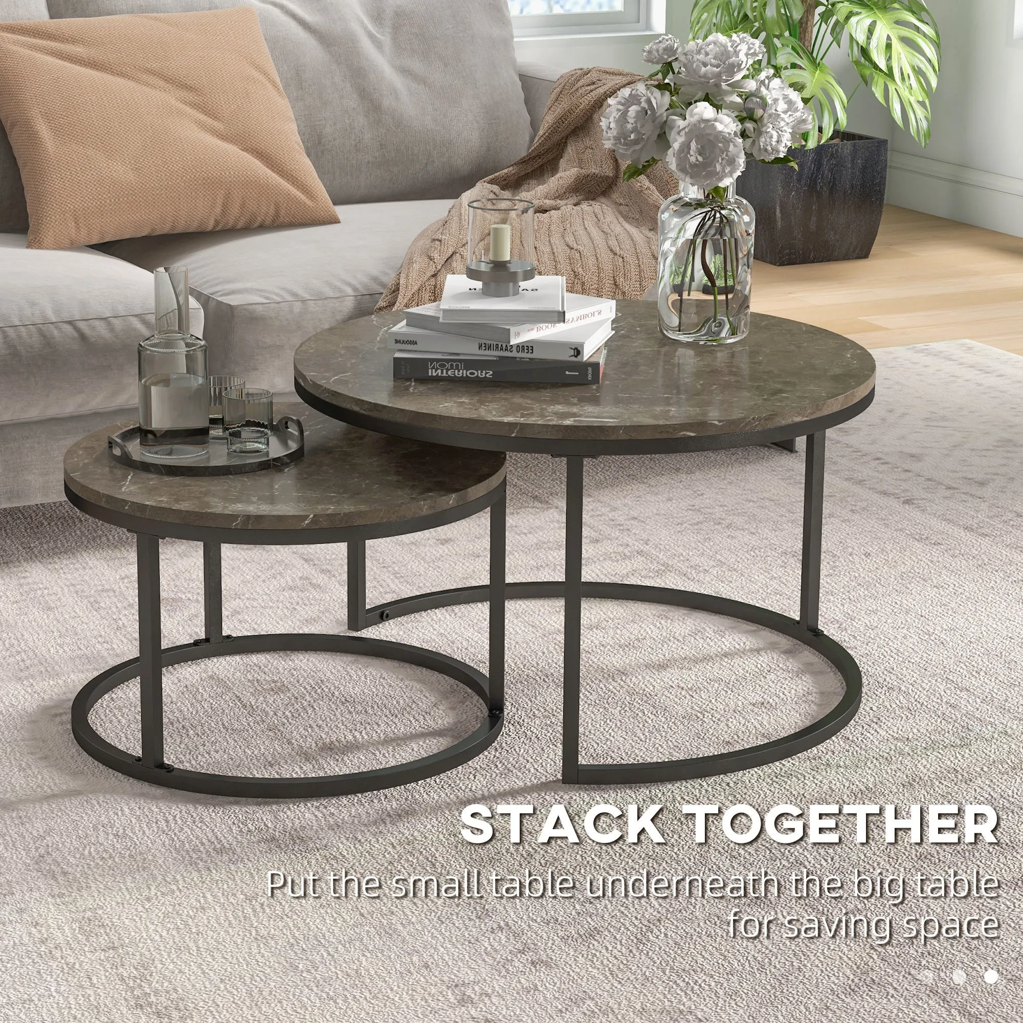 Industrial Nesting Coffee Table Set of 2, Round Coffee Tables, Living Room Table with Faux Marbled Top and Steel Frame