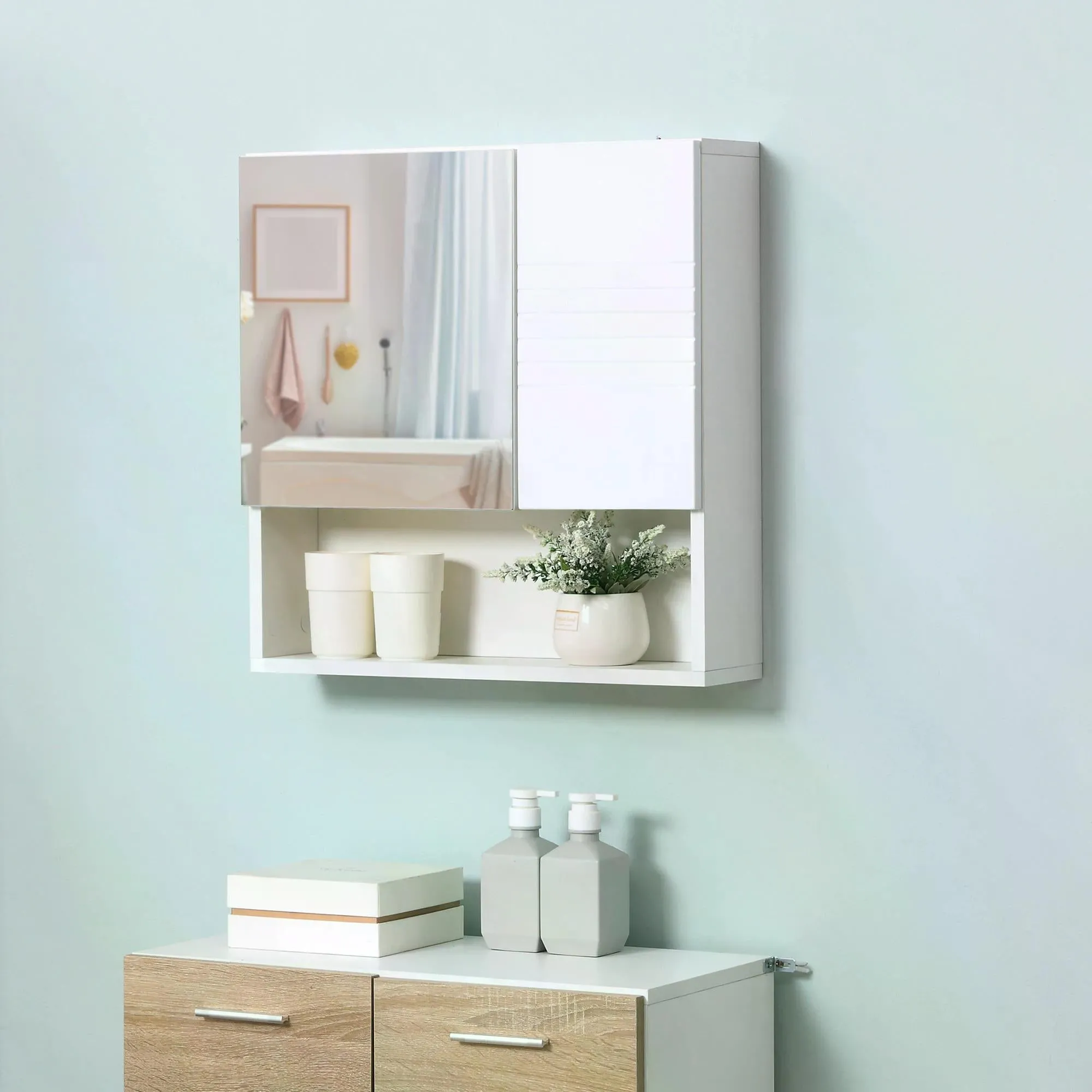 kleankin Bathroom Mirror Cabinet, Wall Mount Storage Cabinet with Double Door, Adjustable Shelf, 54cm x 15cm x 55cm, White