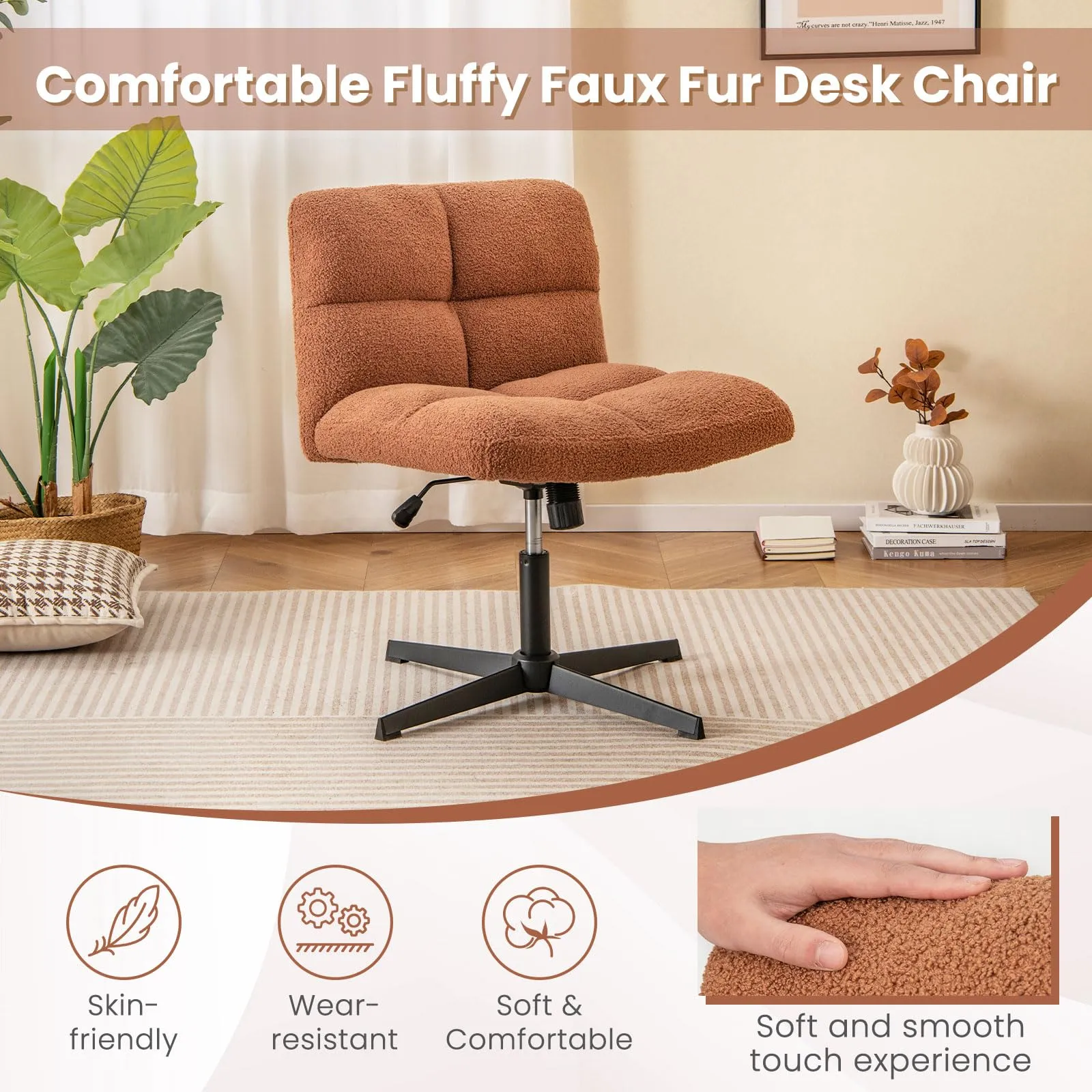 KOMFOTT Criss Cross Chair, Faux Fur Armless Cross Legged Office Desk Chair, Height Adjustable Computer Swivel Task Chair