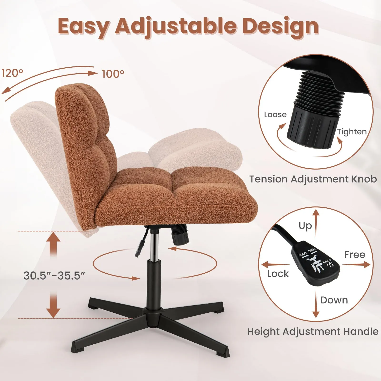 KOMFOTT Criss Cross Chair, Faux Fur Armless Cross Legged Office Desk Chair, Height Adjustable Computer Swivel Task Chair