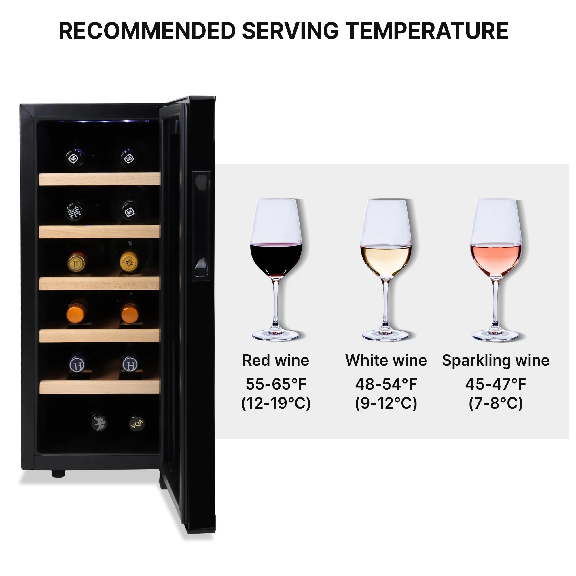 Koolatron Deluxe 12 Bottle Wine Cooler with Beech Wood Racks, Black, Thermoelectric Wine Fridge, 1 cu. ft. Freestanding Wine Cellar, Red, White and Sparkling Wine Storage for Kitchen or Home Bar