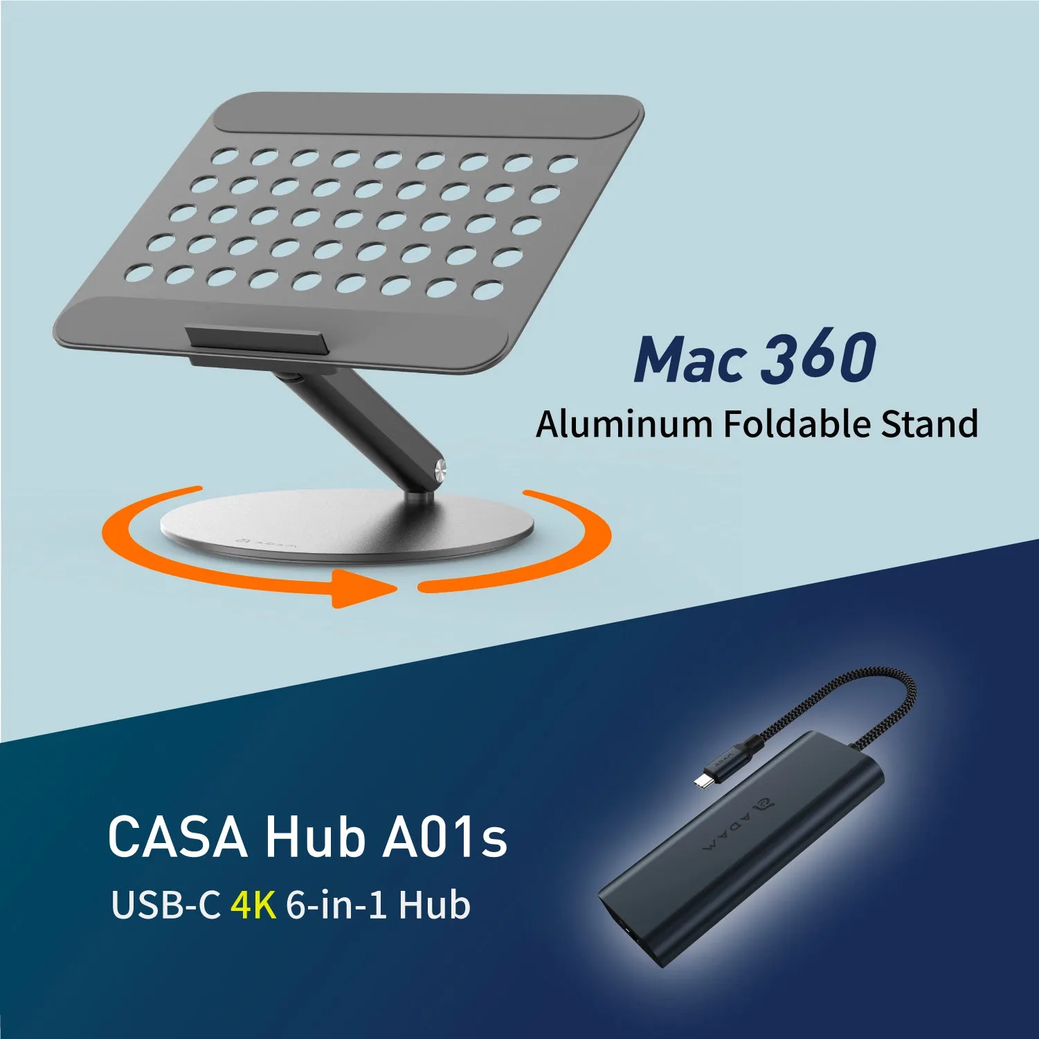 Mac 360 Aluminum Foldable Stand   CASA Hub A01s USB-C 4K 6-in-1 Hub