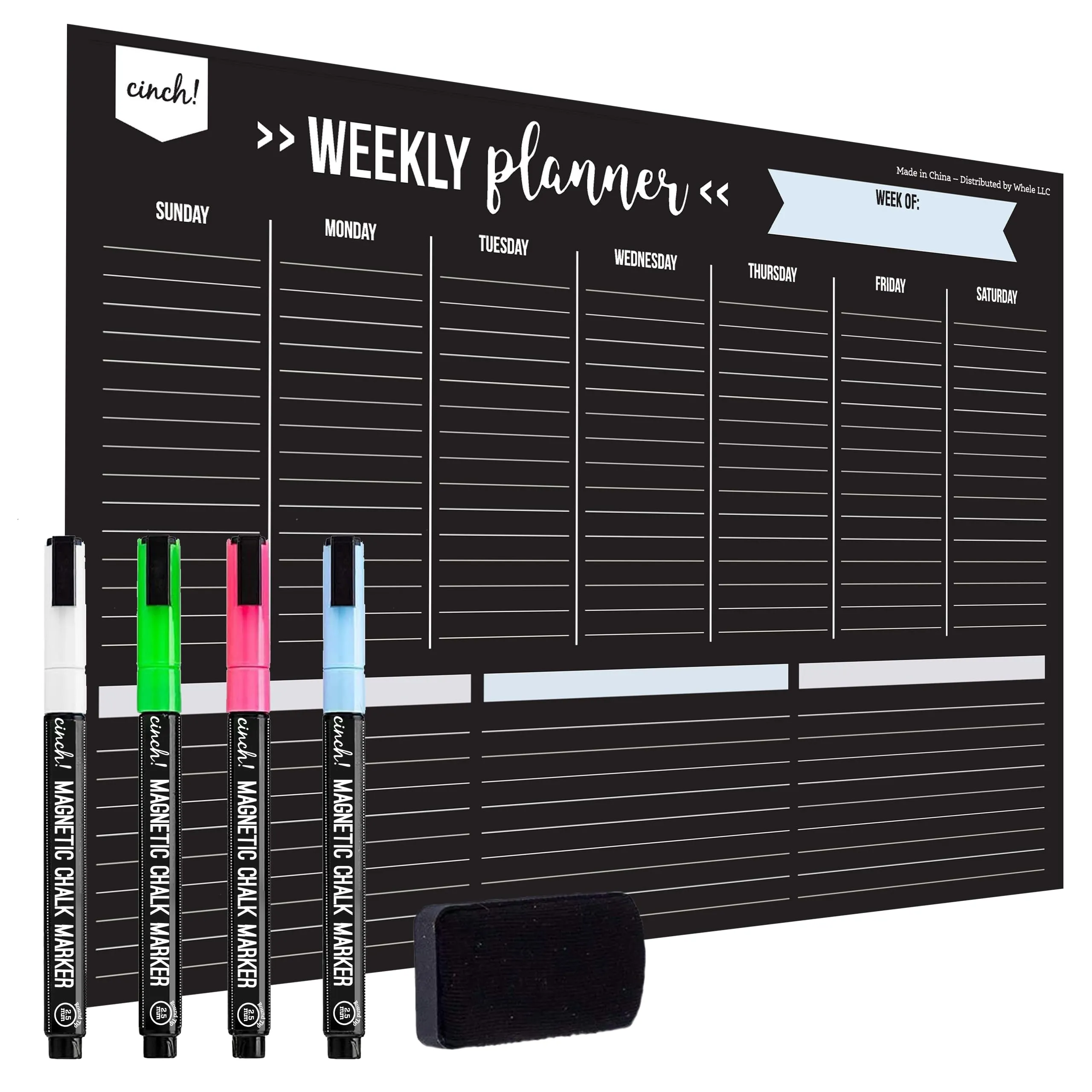 Magnetic Dry Erase Weekly Calendar Blackboard For Fridge 17"X12" - 4 Fine Tip