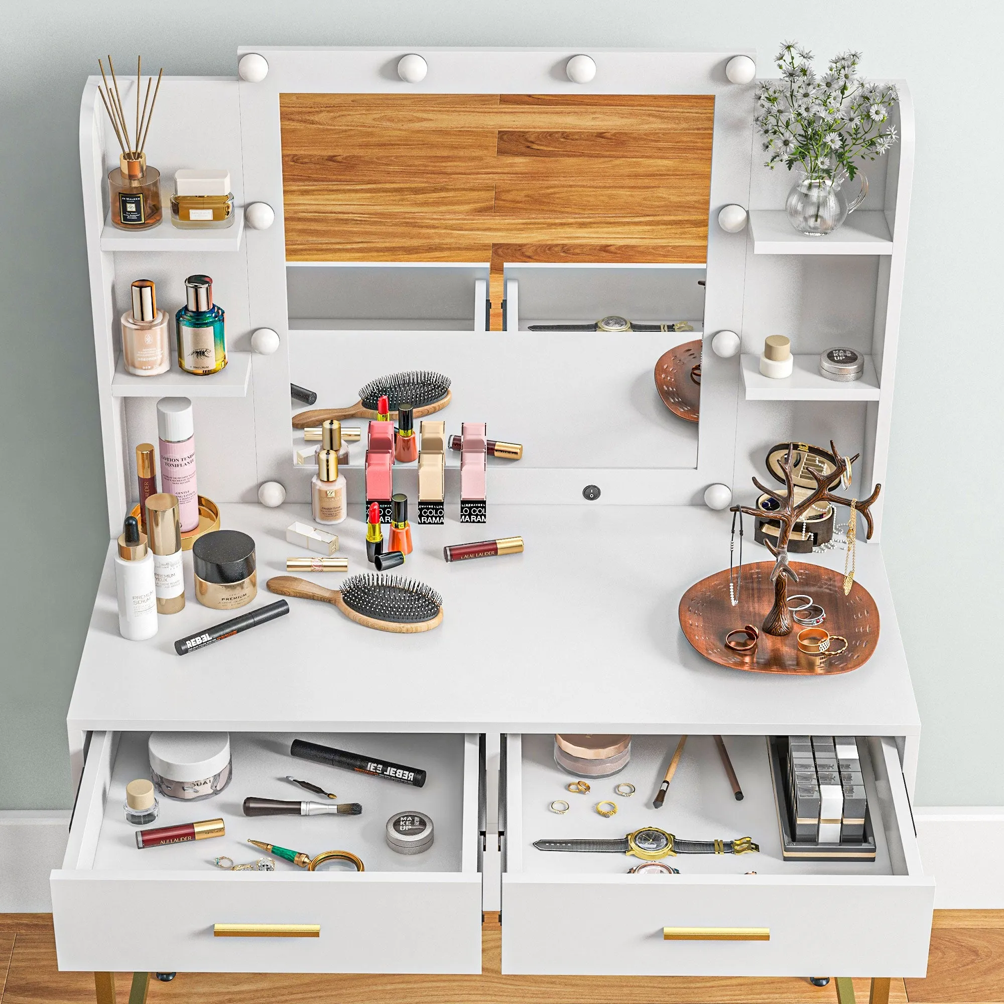 Makeup Vanity Desk Set with Lighted Mirror, Stool, Drawers, White