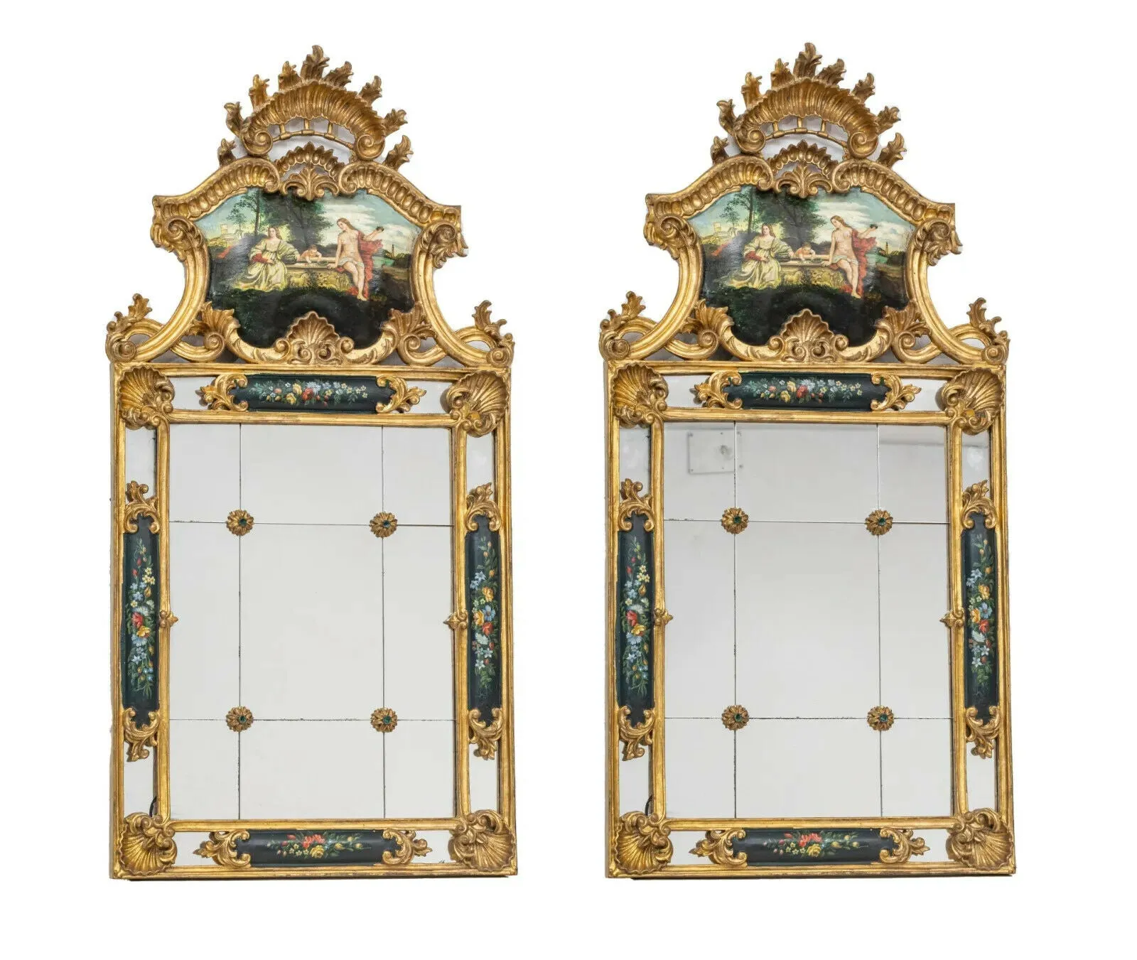 Mirrors, Venetian, Painted, Carved Wood, Pair,  Giltwood Frames, 35", Vintage!!