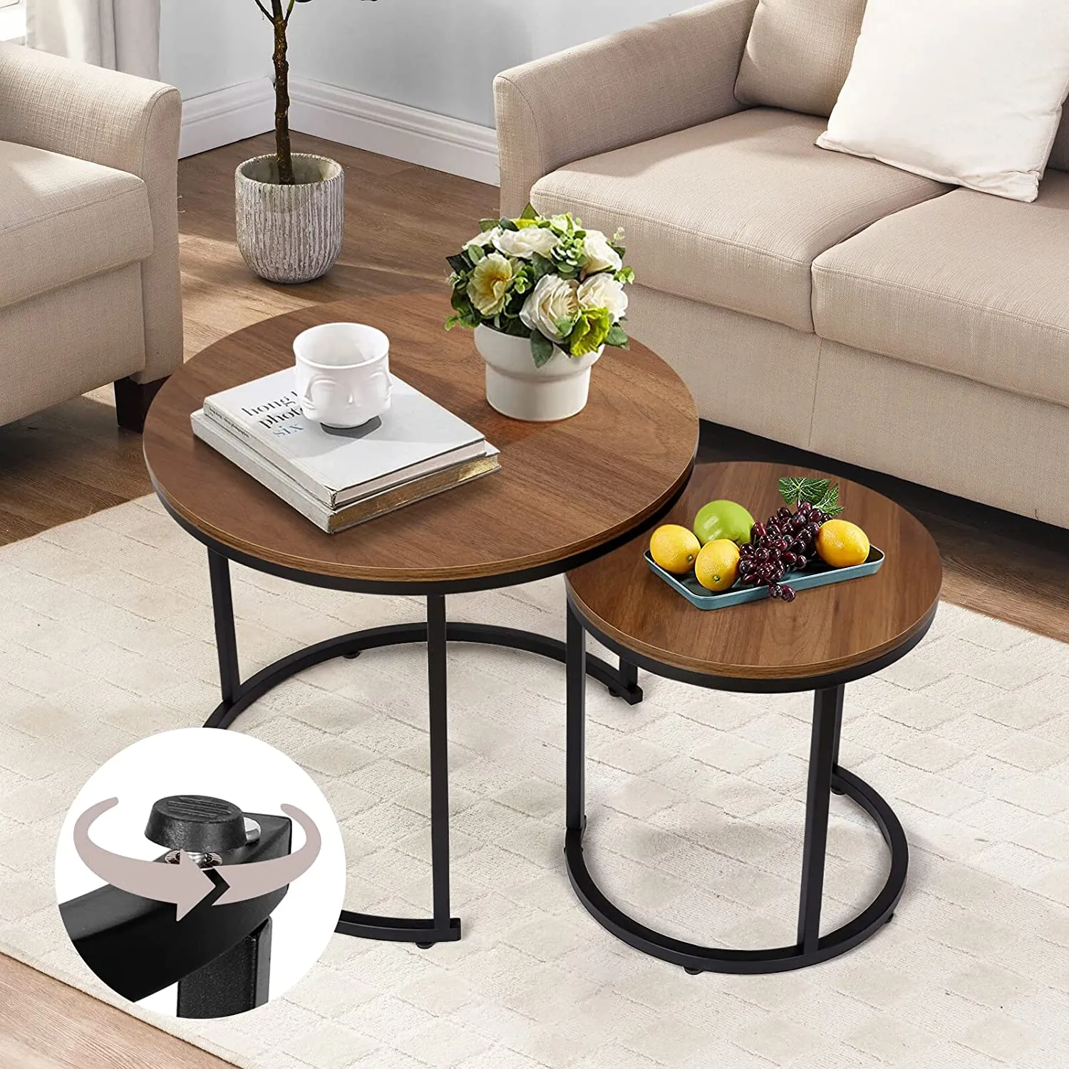 Modern Round Nesting Tables with Metal Frame (Set of 2)