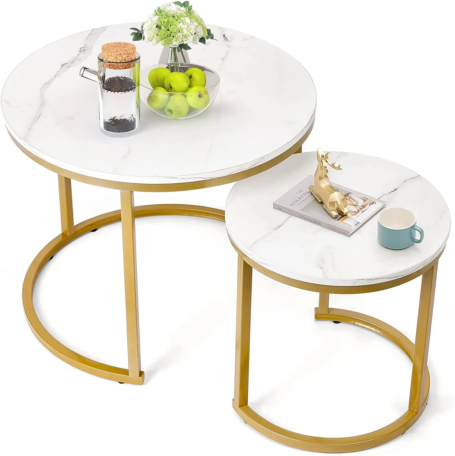 Modern Round Nesting Tables with Metal Frame (Set of 2)