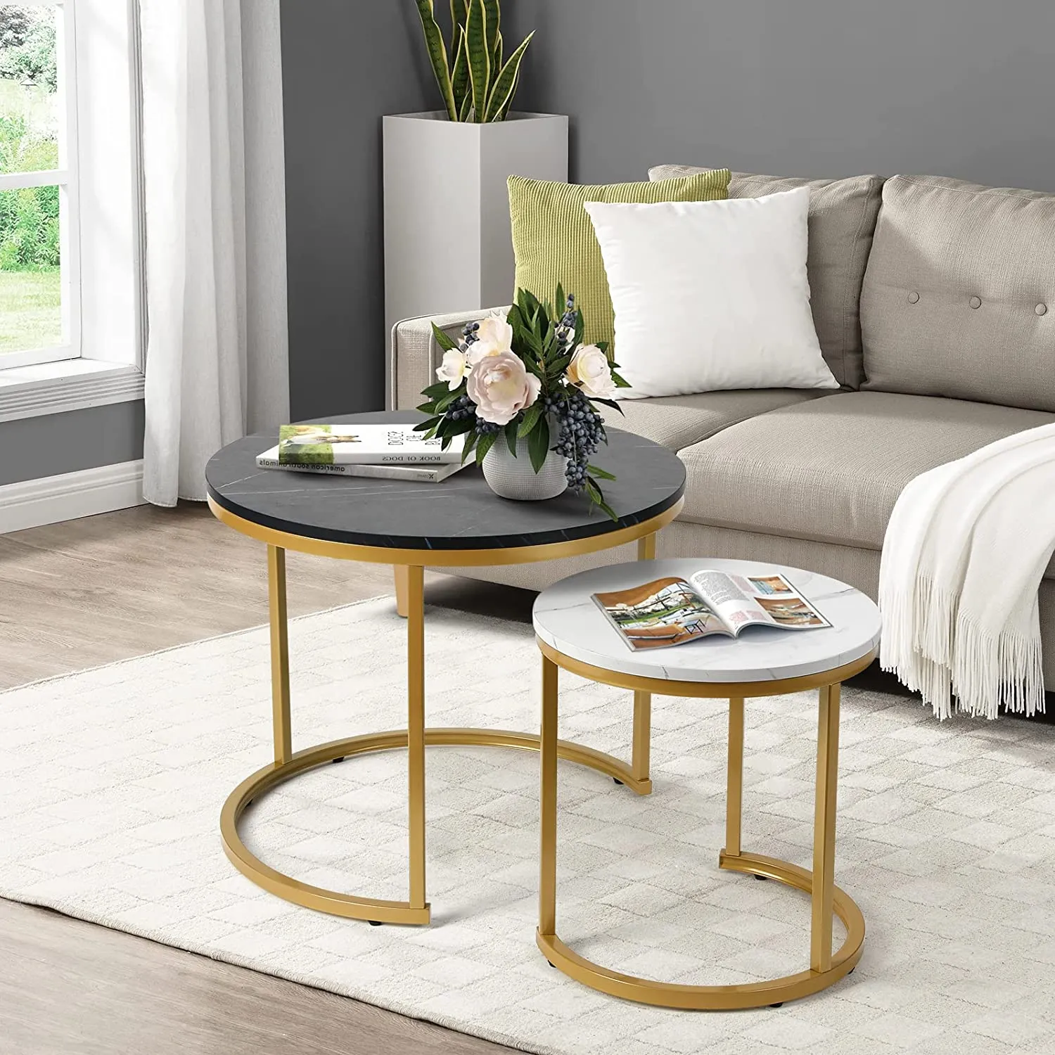 Modern Round Nesting Tables with Metal Frame (Set of 2)