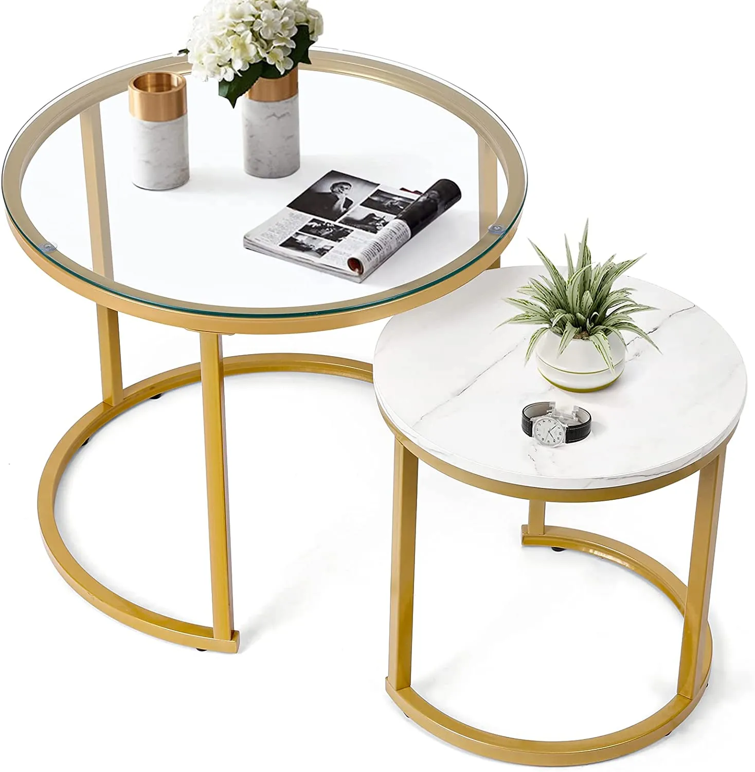 Modern Round Nesting Tables with Metal Frame (Set of 2)