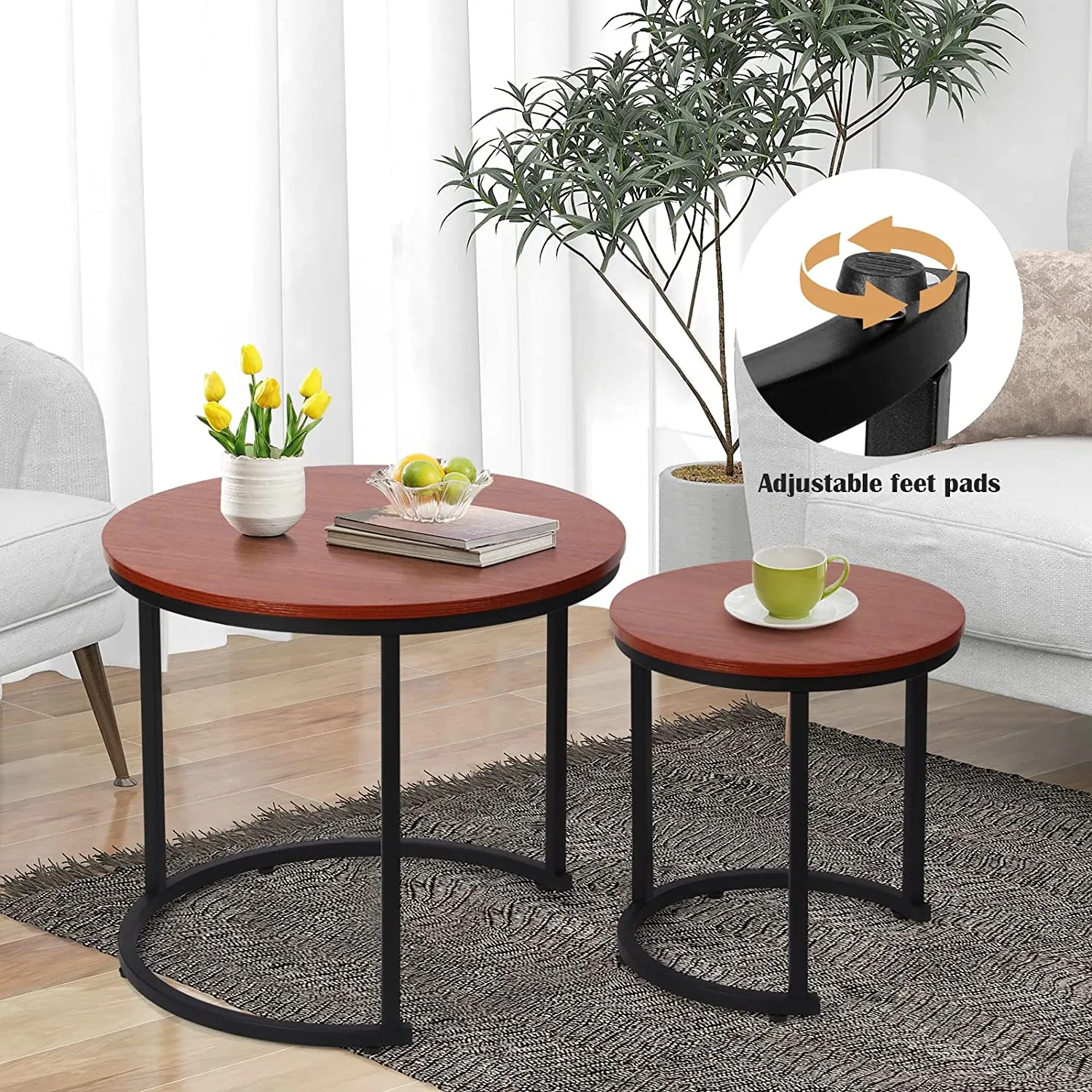 Modern Round Nesting Tables with Metal Frame (Set of 2)