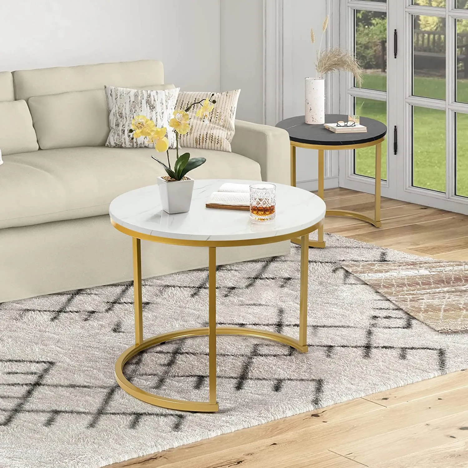 Modern Round Nesting Tables with Metal Frame (Set of 2)