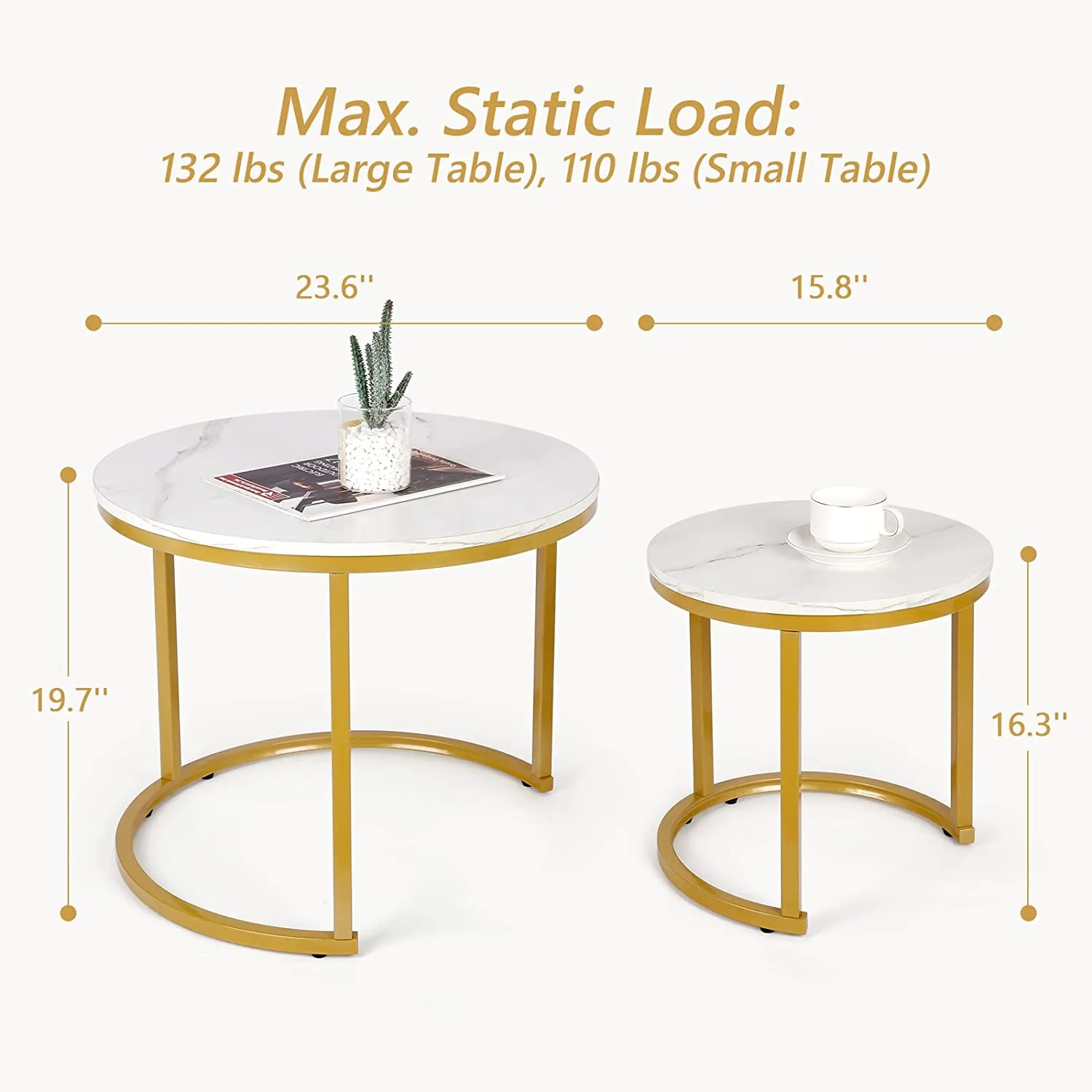 Modern Round Nesting Tables with Metal Frame (Set of 2)