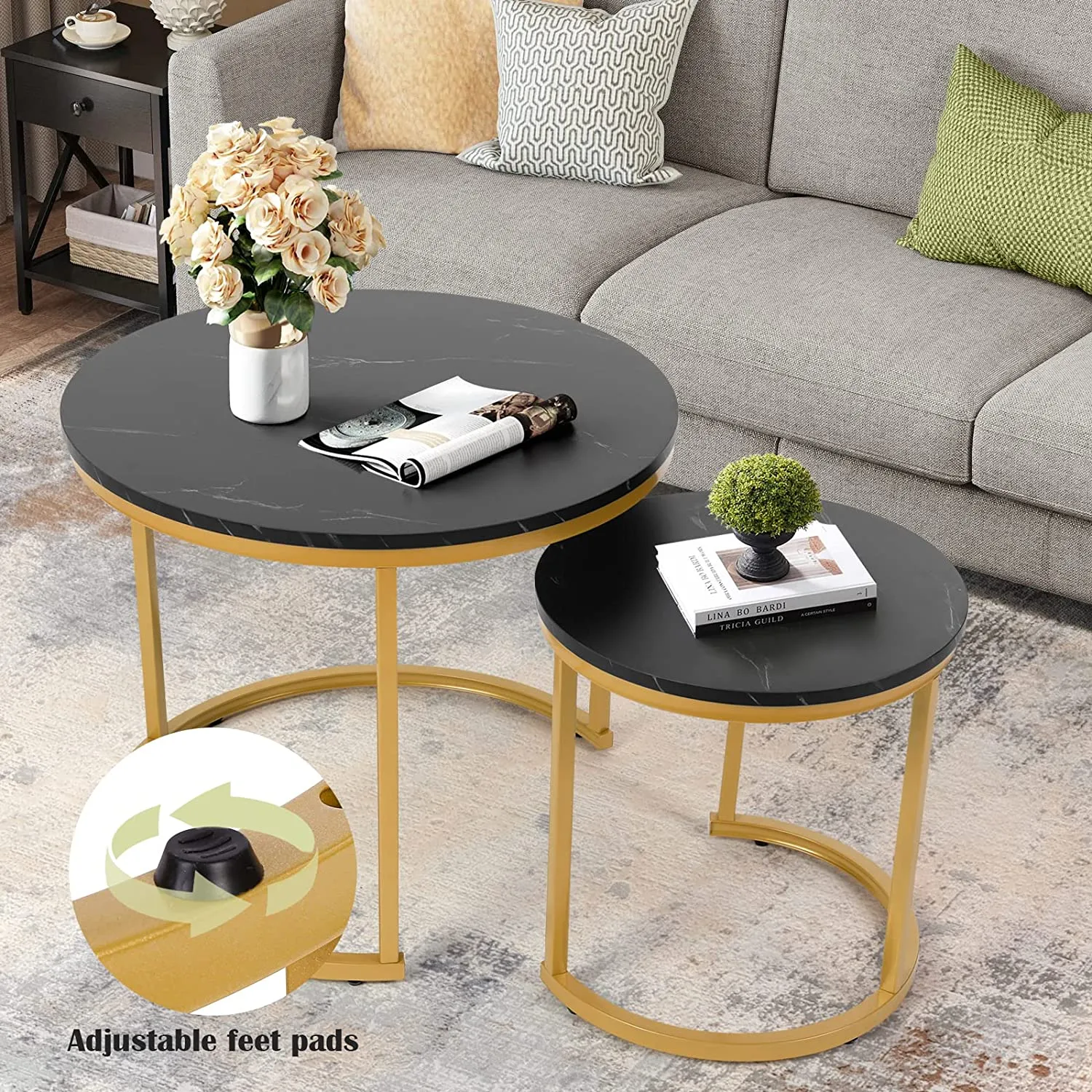 Modern Round Nesting Tables with Metal Frame (Set of 2)