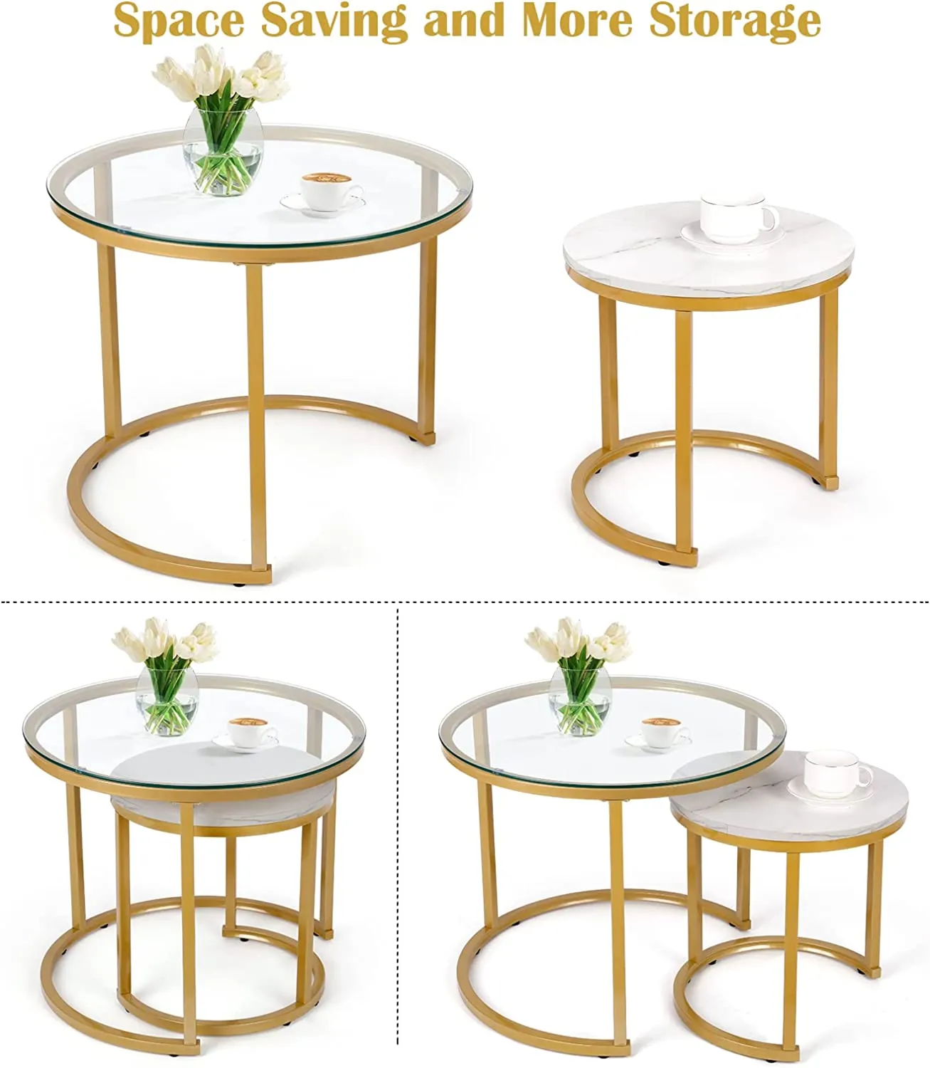 Modern Round Nesting Tables with Metal Frame (Set of 2)