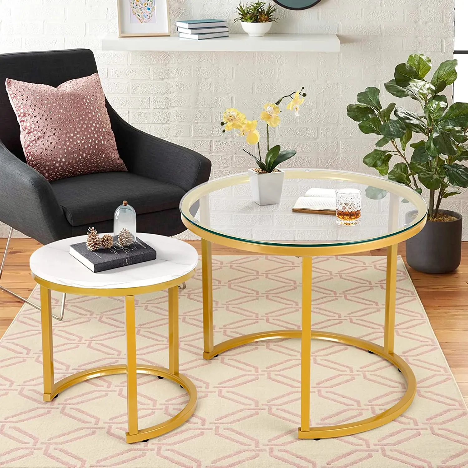 Modern Round Nesting Tables with Metal Frame (Set of 2)