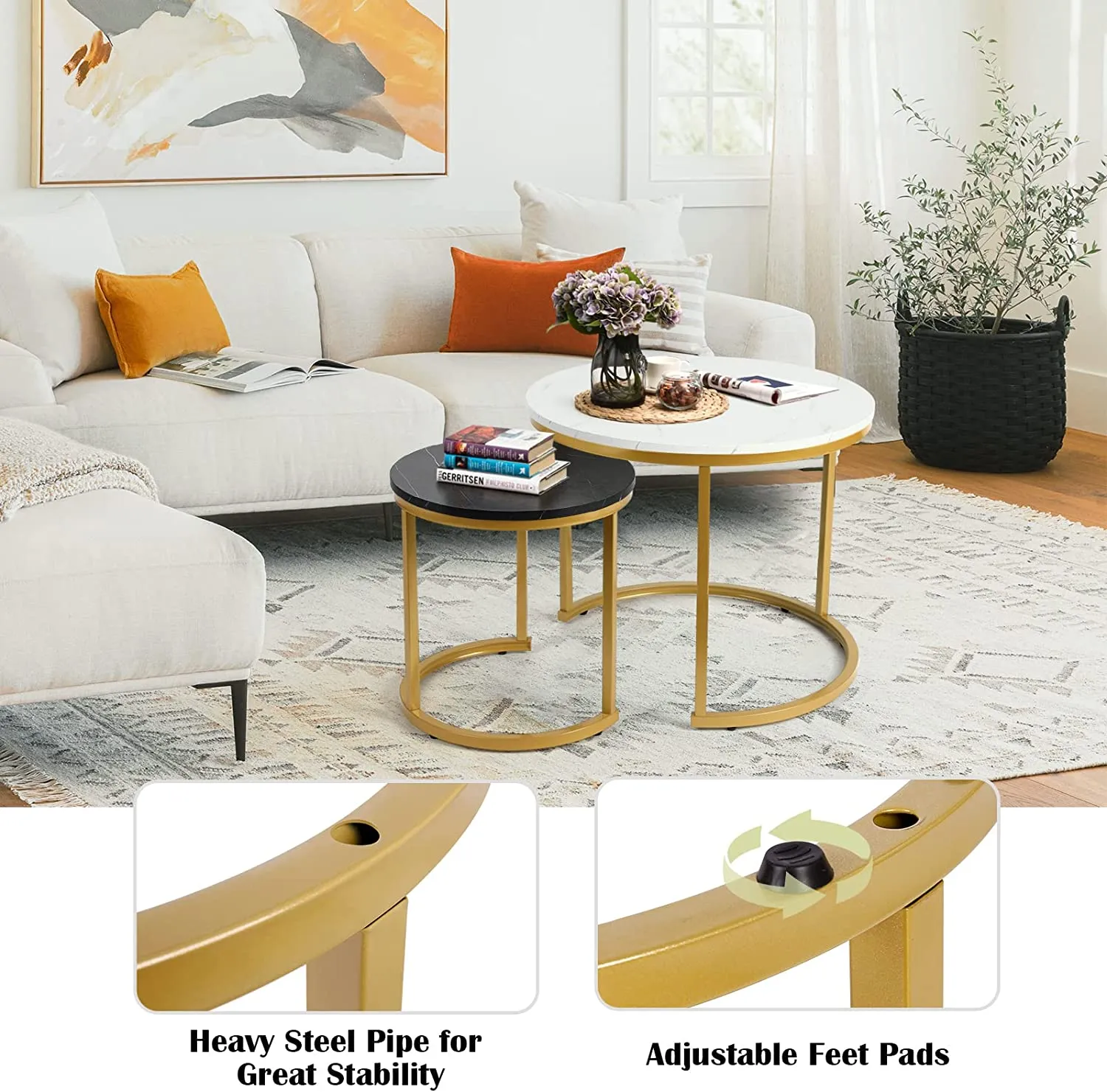 Modern Round Nesting Tables with Metal Frame (Set of 2)