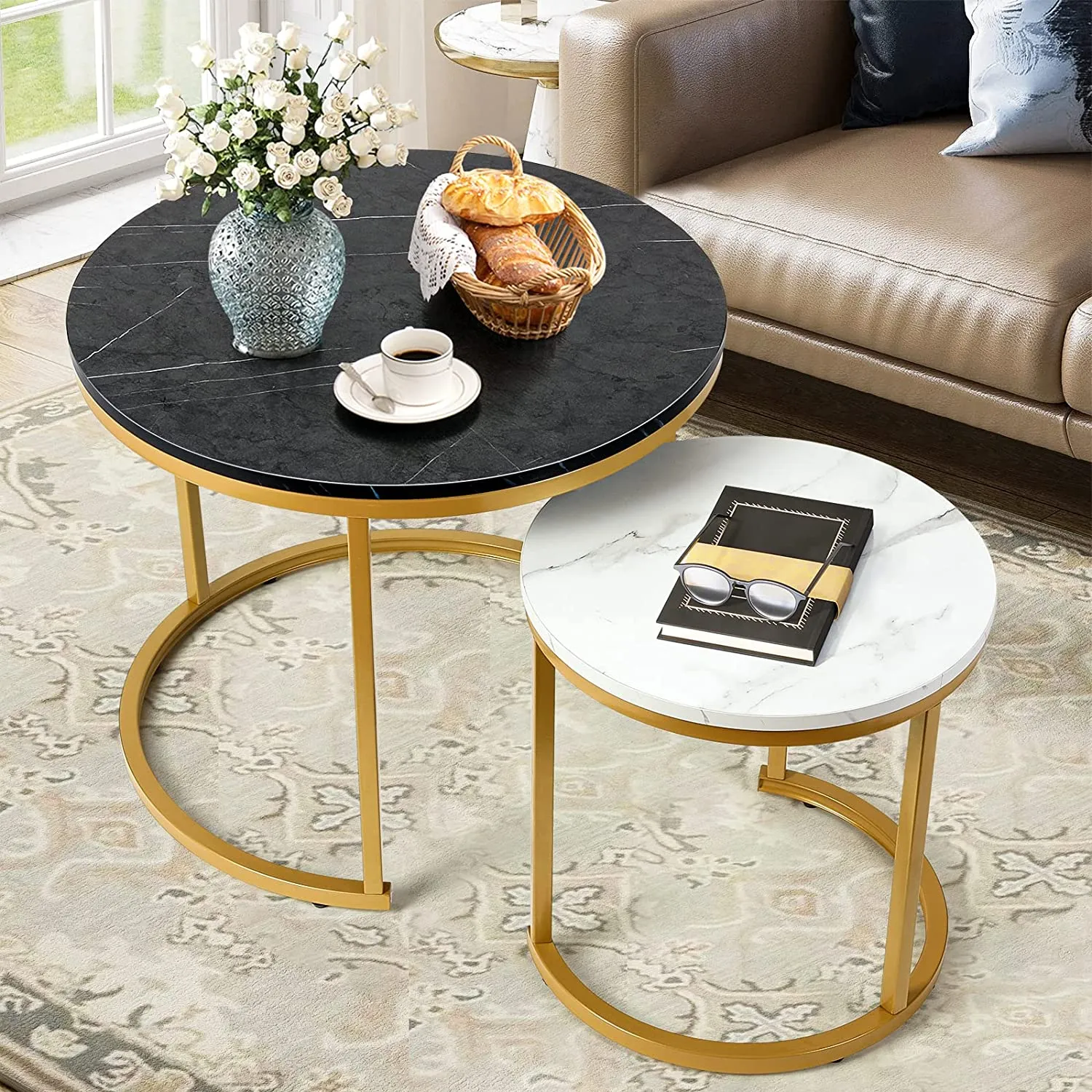 Modern Round Nesting Tables with Metal Frame (Set of 2)