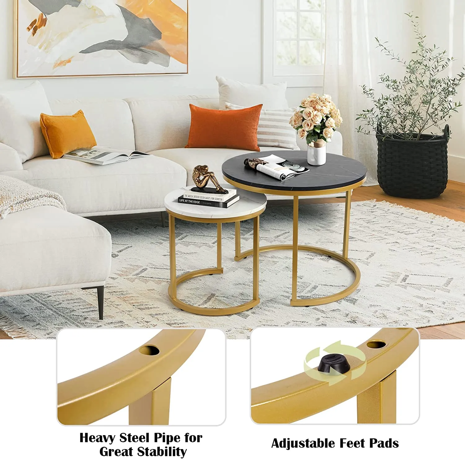 Modern Round Nesting Tables with Metal Frame (Set of 2)