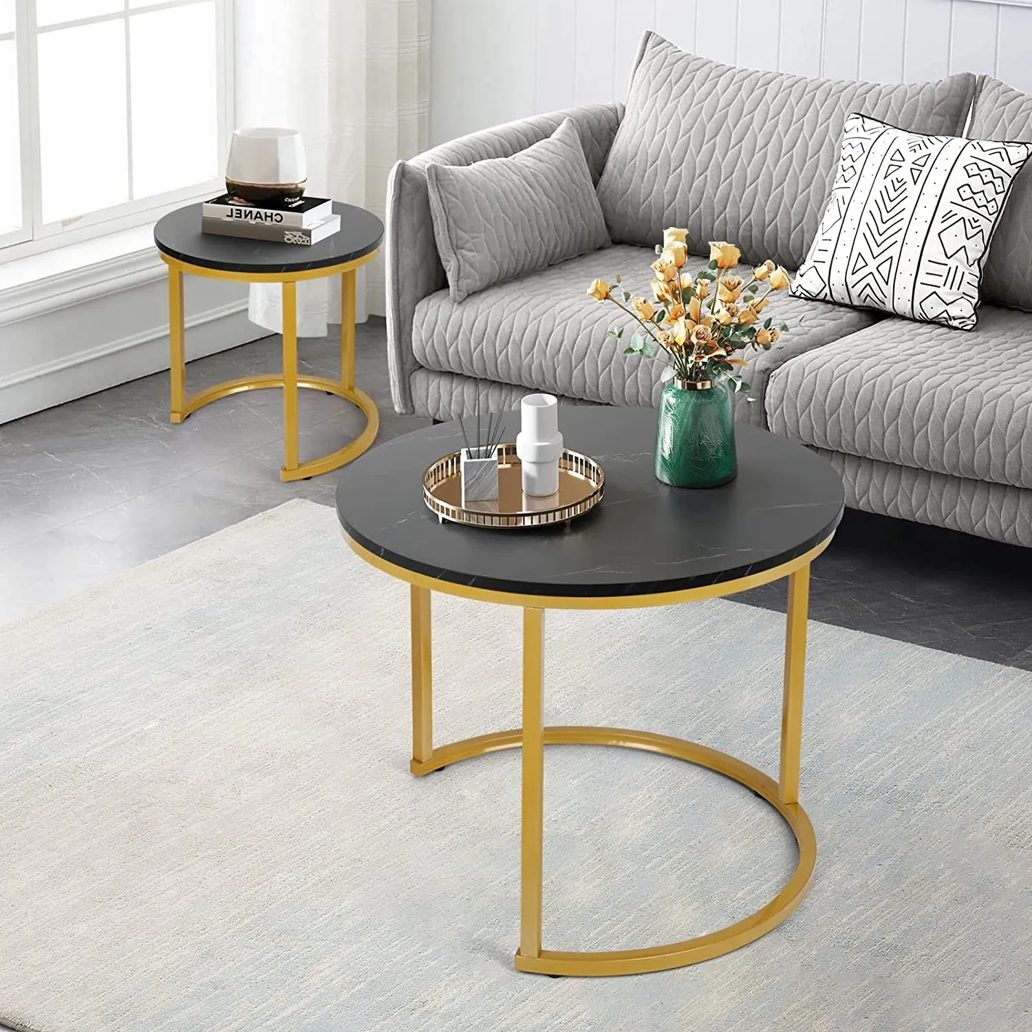 Modern Round Nesting Tables with Metal Frame (Set of 2)