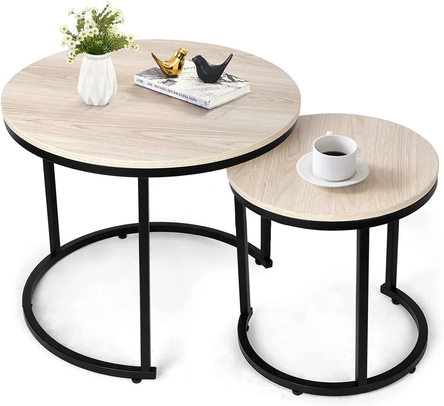 Modern Round Nesting Tables with Metal Frame (Set of 2)