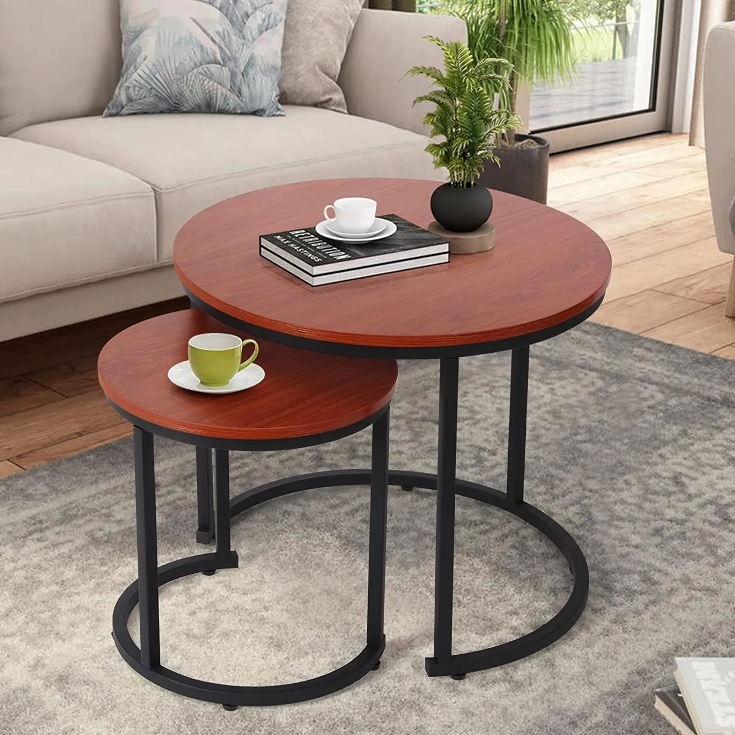 Modern Round Nesting Tables with Metal Frame (Set of 2)