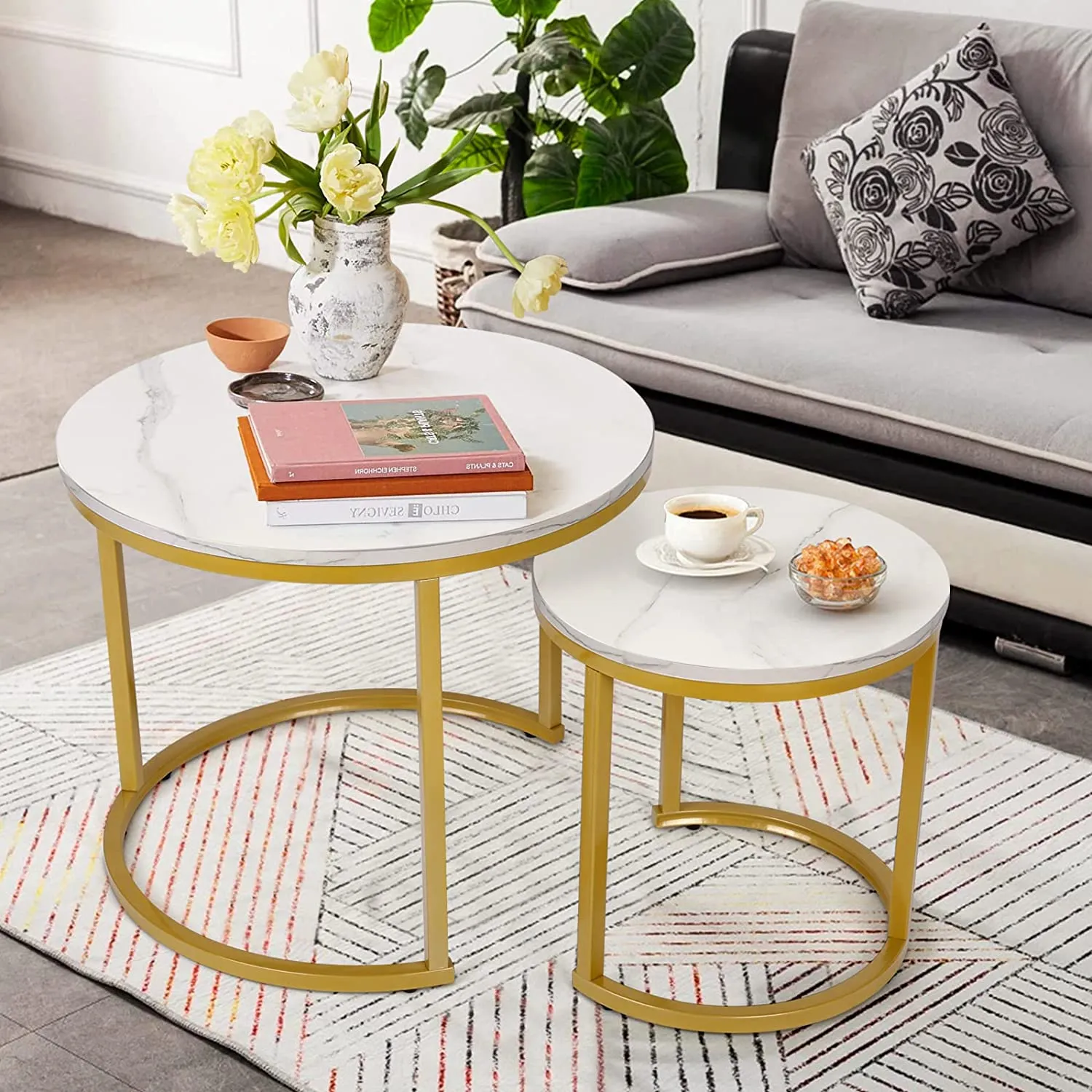 Modern Round Nesting Tables with Metal Frame (Set of 2)