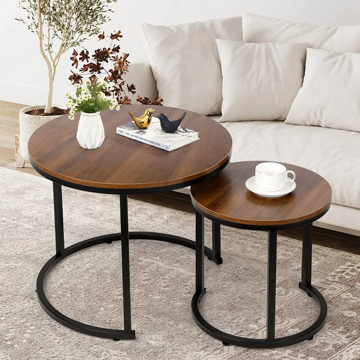 Modern Round Nesting Tables with Metal Frame (Set of 2)