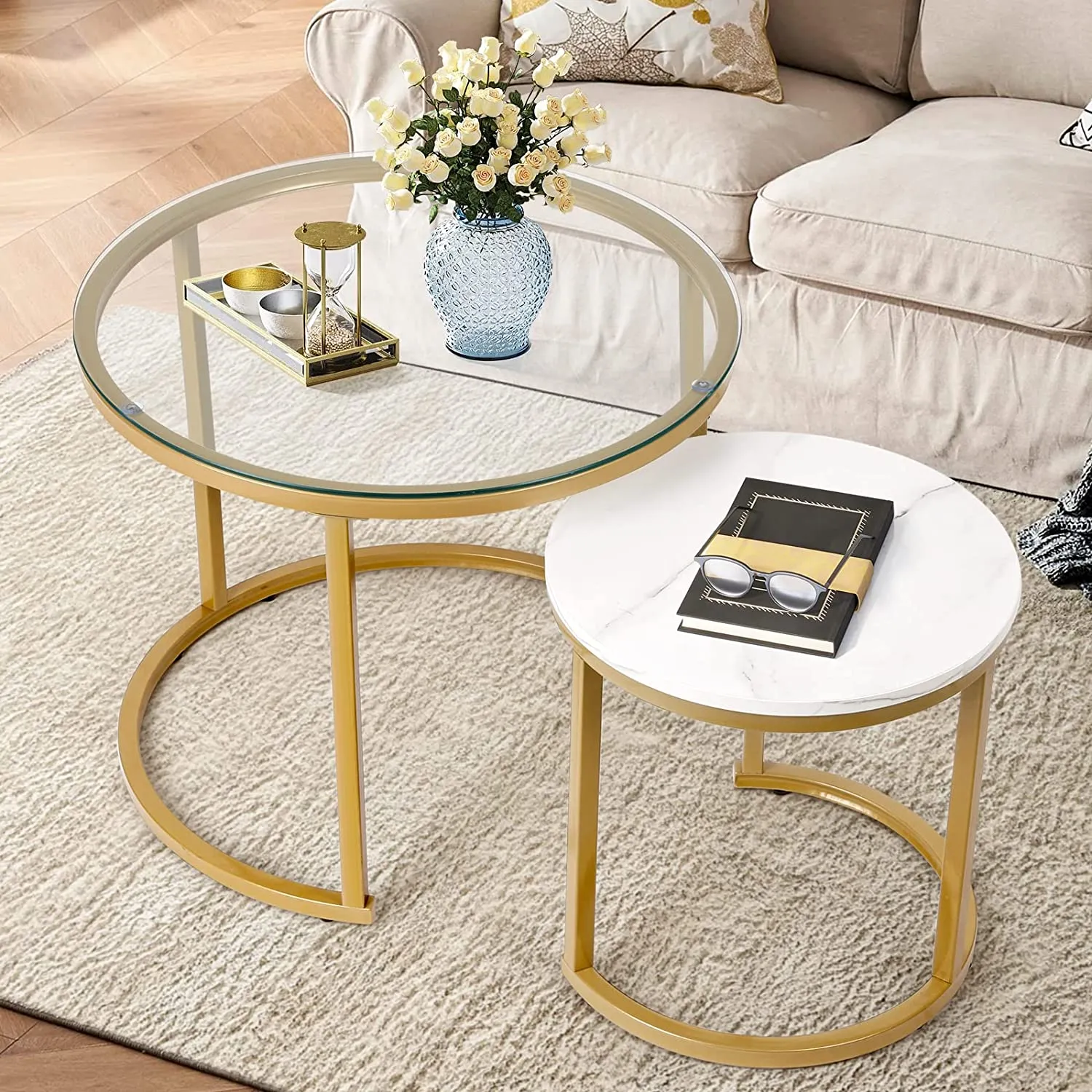 Modern Round Nesting Tables with Metal Frame (Set of 2)