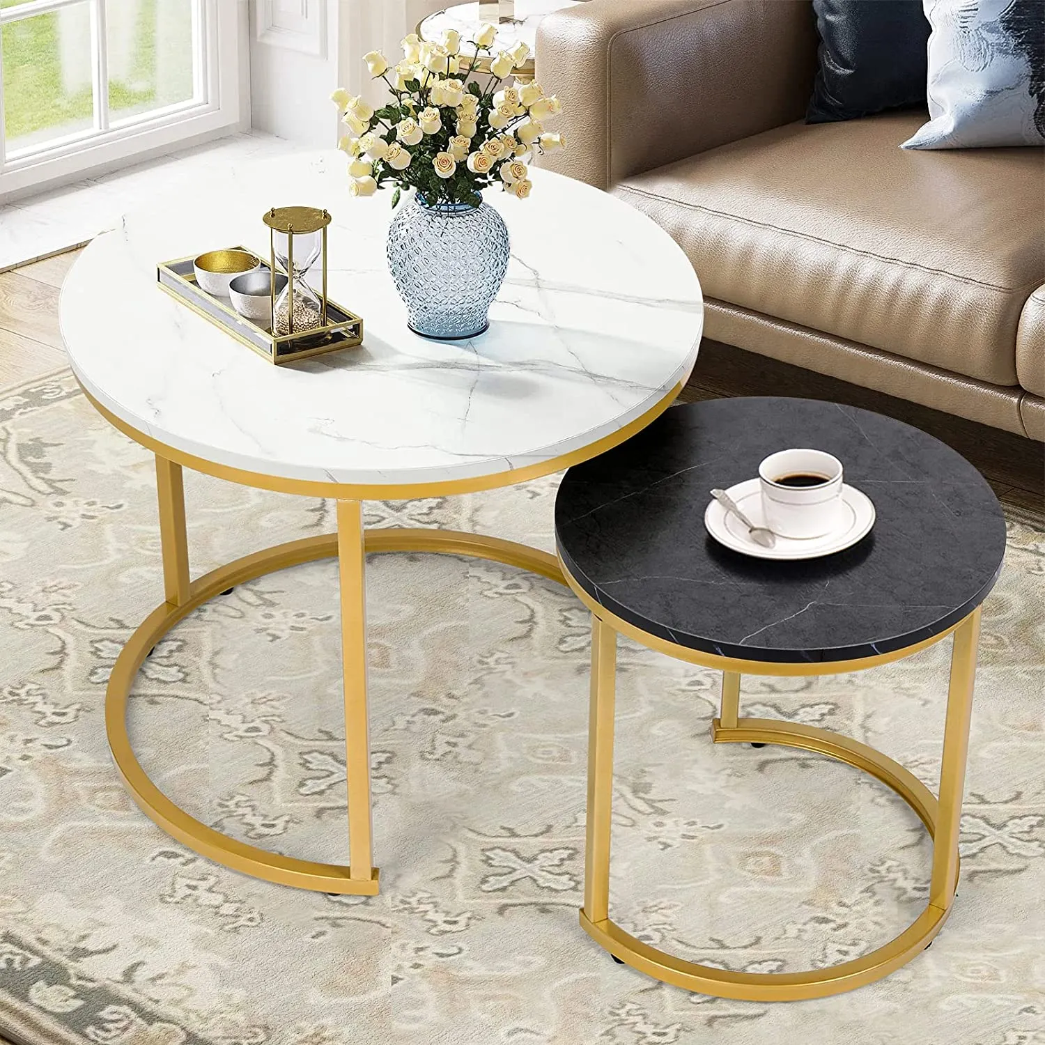 Modern Round Nesting Tables with Metal Frame (Set of 2)