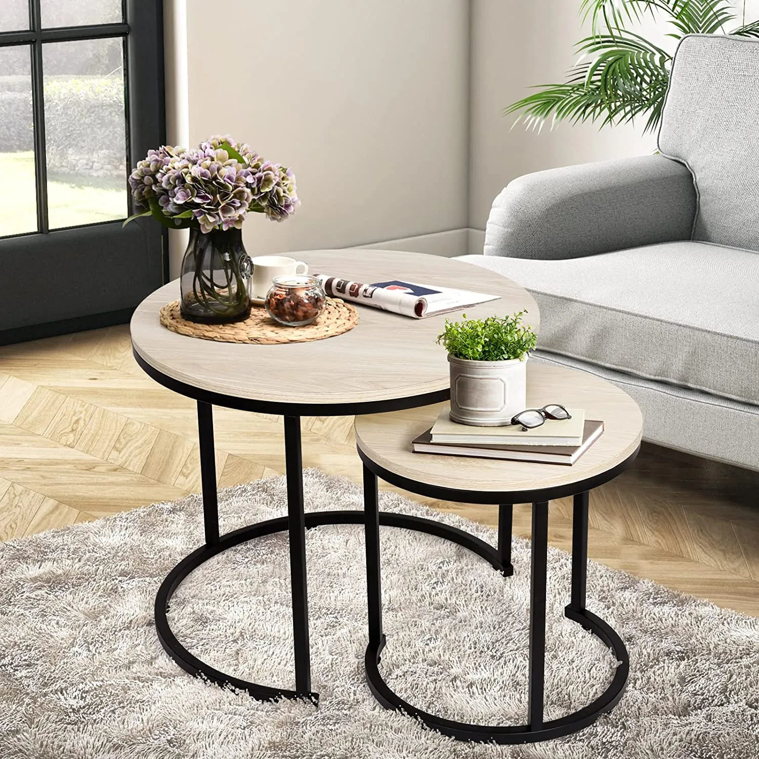 Modern Round Nesting Tables with Metal Frame (Set of 2)