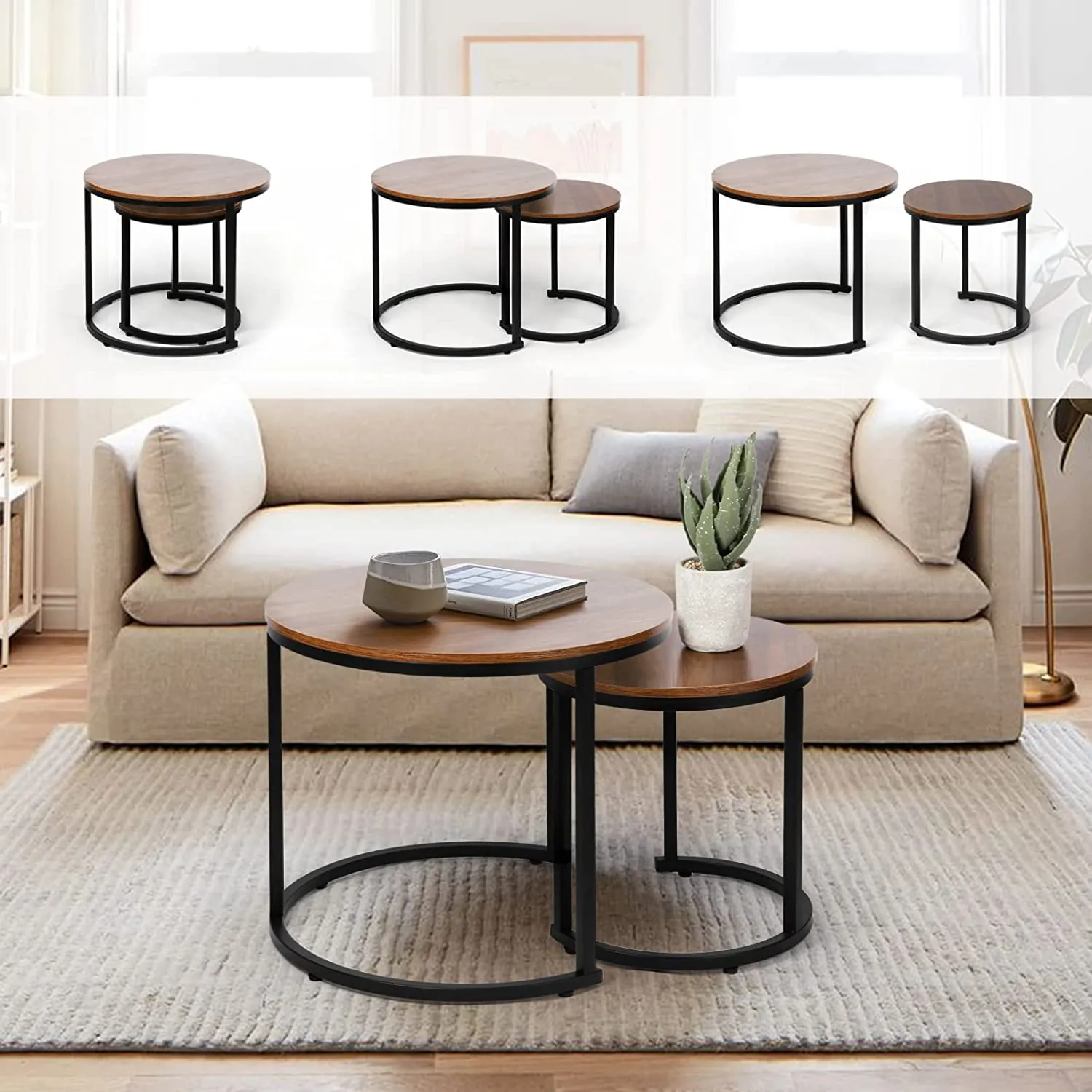 Modern Round Nesting Tables with Metal Frame (Set of 2)