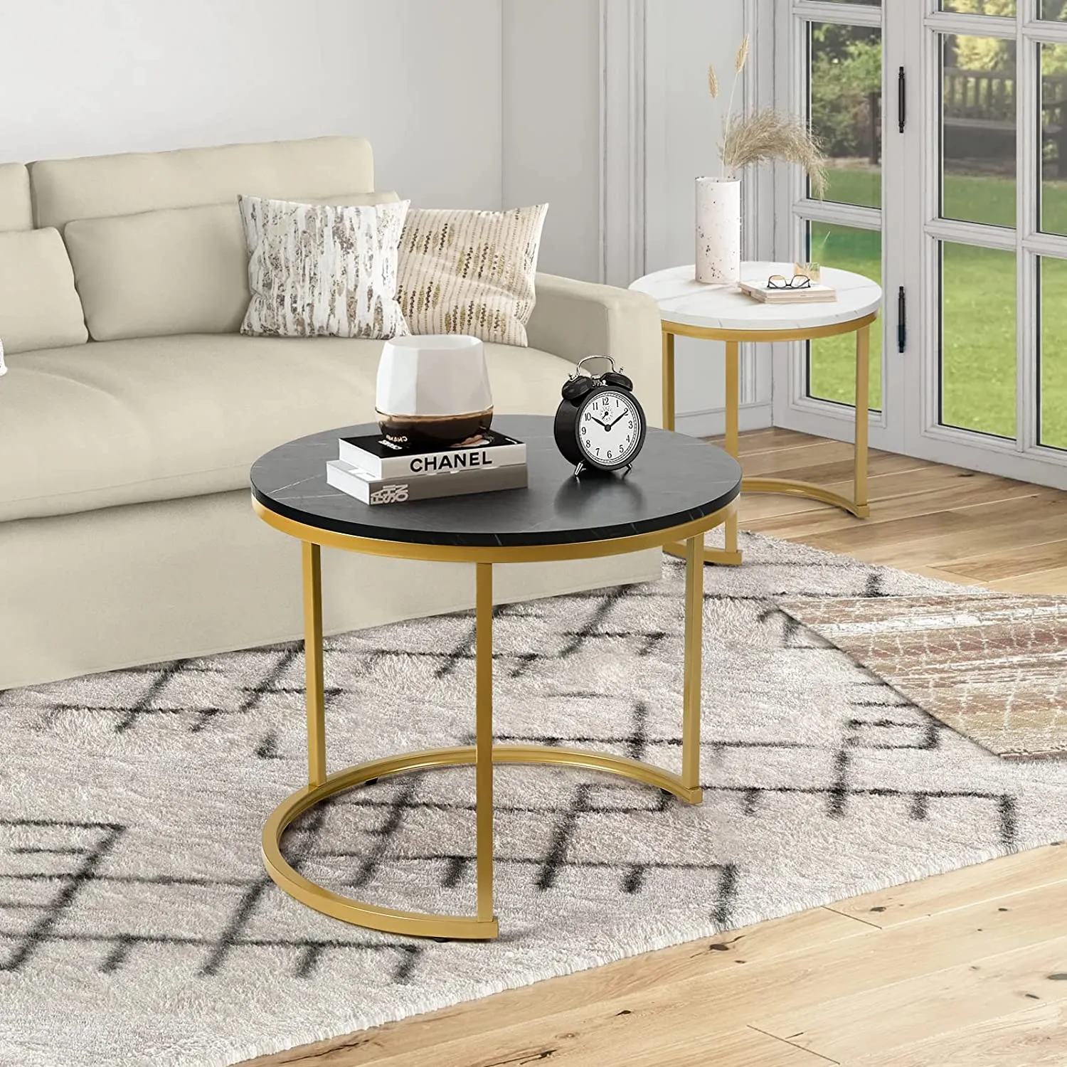 Modern Round Nesting Tables with Metal Frame (Set of 2)