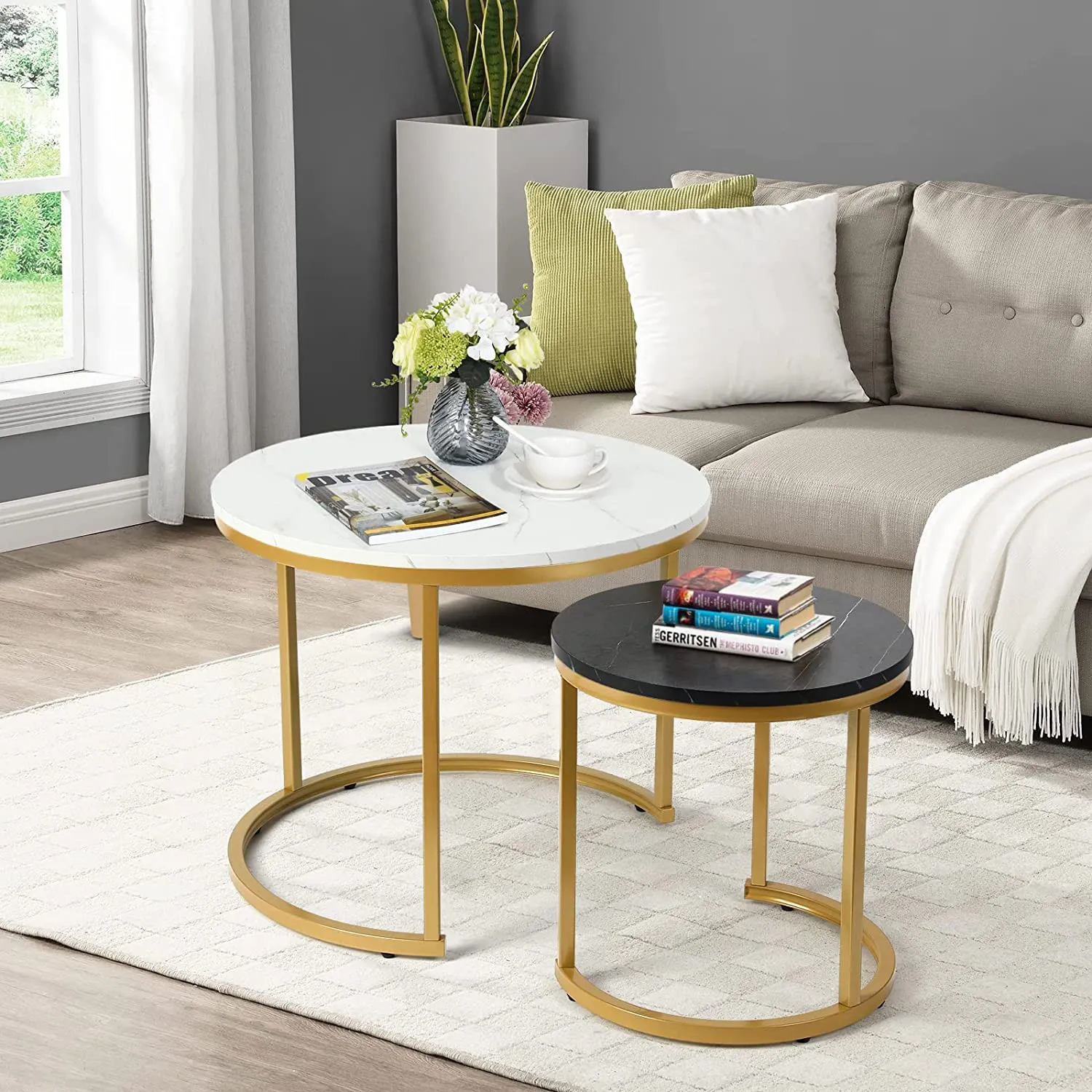 Modern Round Nesting Tables with Metal Frame (Set of 2)