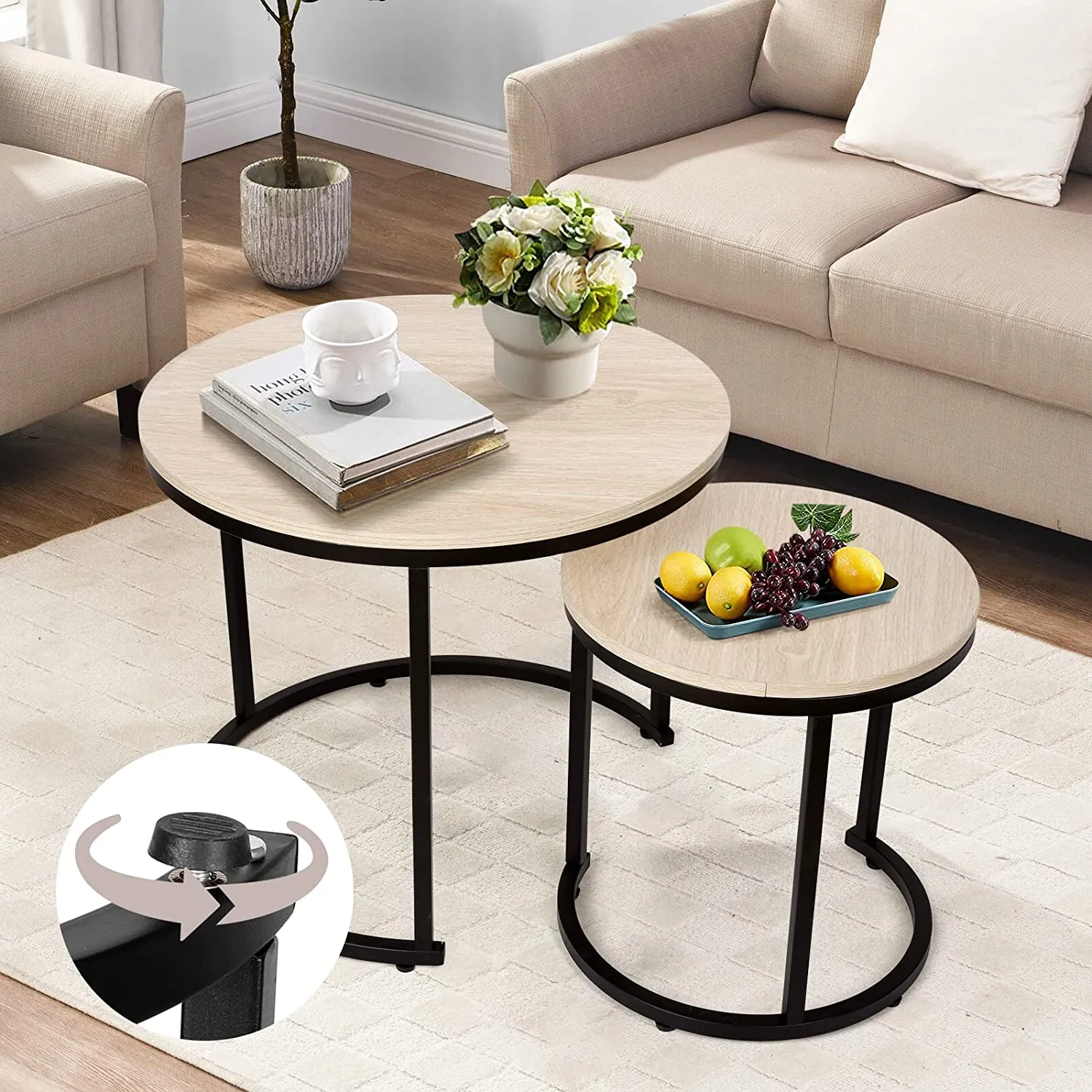 Modern Round Nesting Tables with Metal Frame (Set of 2)