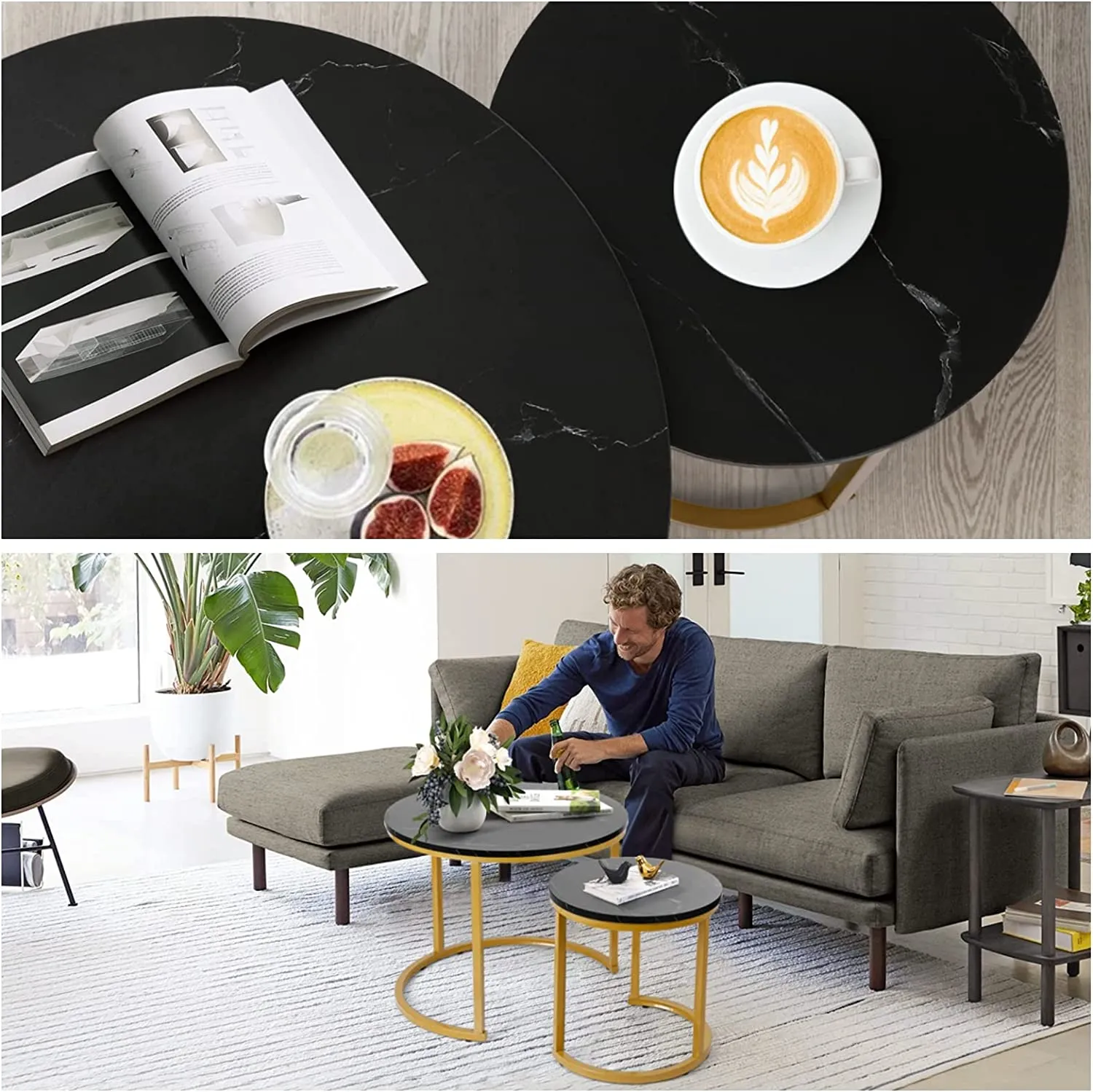 Modern Round Nesting Tables with Metal Frame (Set of 2)