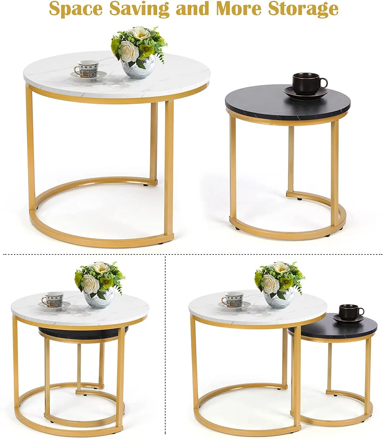 Modern Round Nesting Tables with Metal Frame (Set of 2)