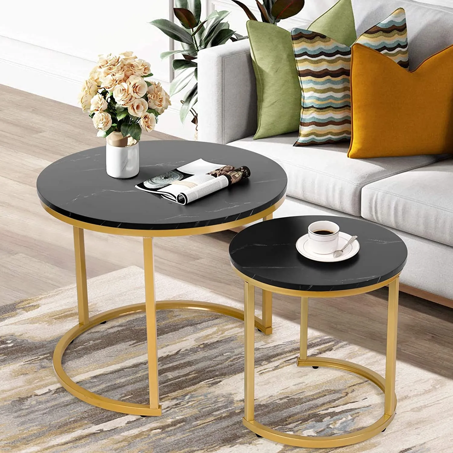 Modern Round Nesting Tables with Metal Frame (Set of 2)